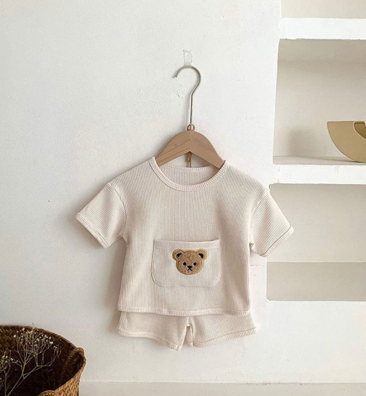 Ayılı Cep Görselli Pamuklu Yazlık Bebek Çocuk Şort Takım-Beyaz | 3 Yaş