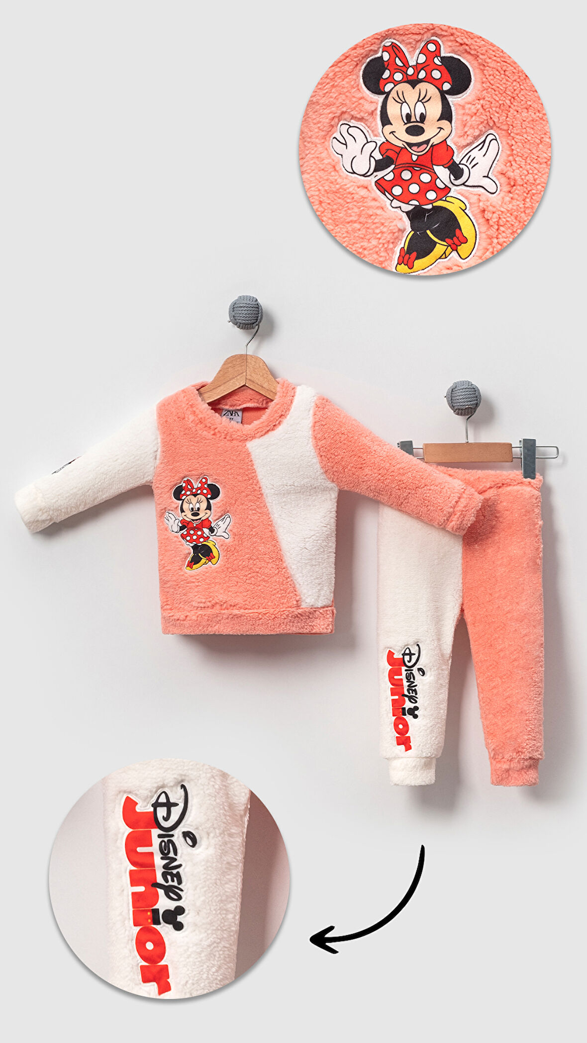 Mickey Mouse Görselli Kışlık Welsoft Bebek Çocuk Alt Üst Takım-Somon | 3 Yaş