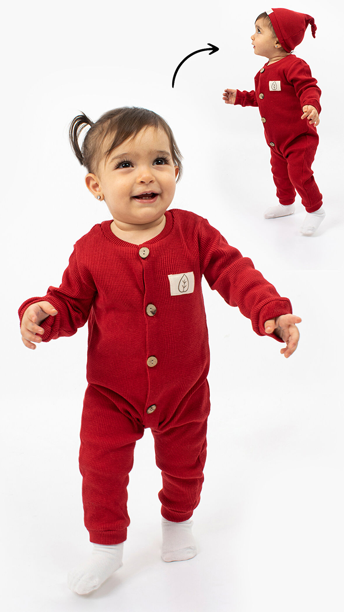 Tahta Düğme Görselli Şapkalı Şık Bebek Tulum-Kırmızı | 3-6 ay