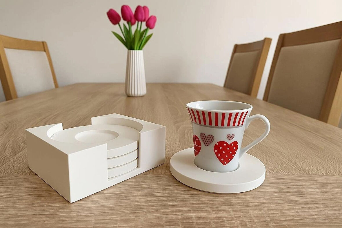 Beton Bardak Altlığı Set Fincan Çay Bardağı Beyaz