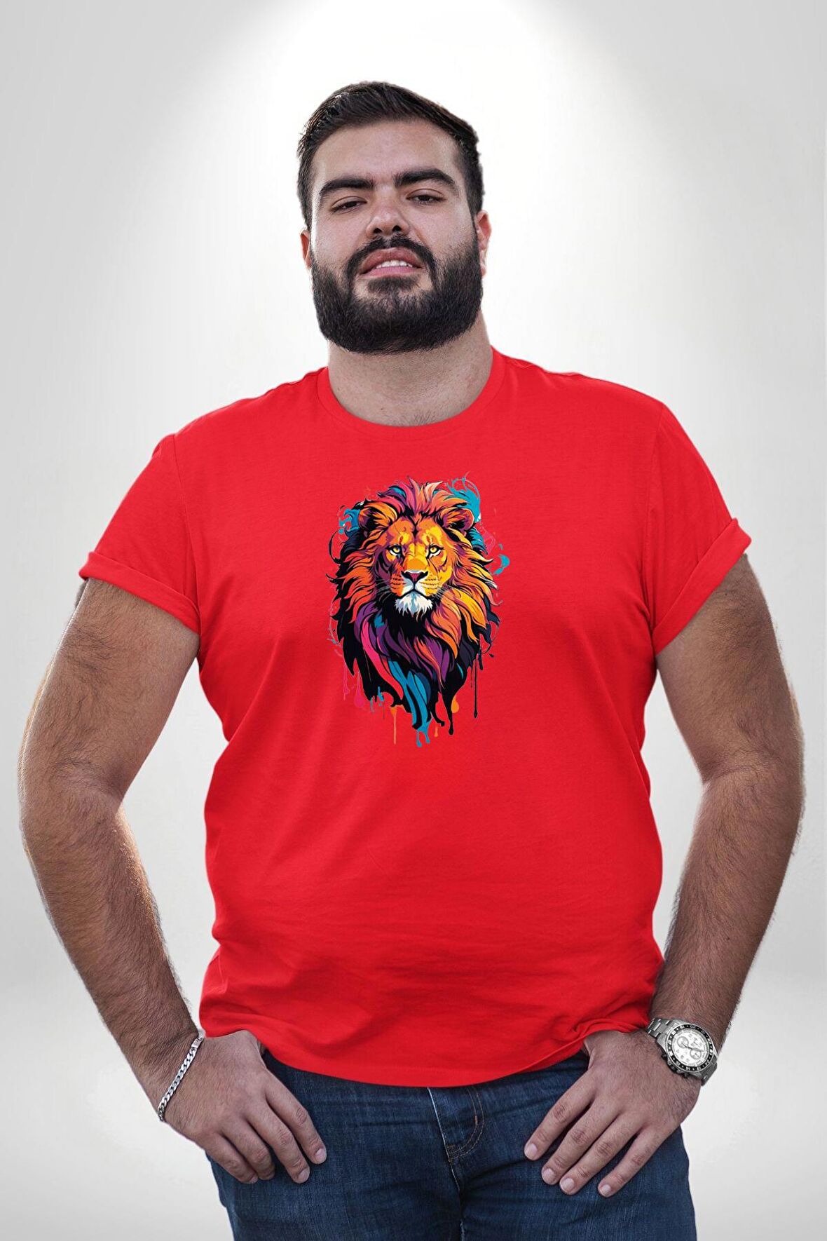 Renkli Yağlı Boya Aslan Kırmızı Büyük Beden Erkek Kadın Unisex Basic Ön Baskılı Tişört