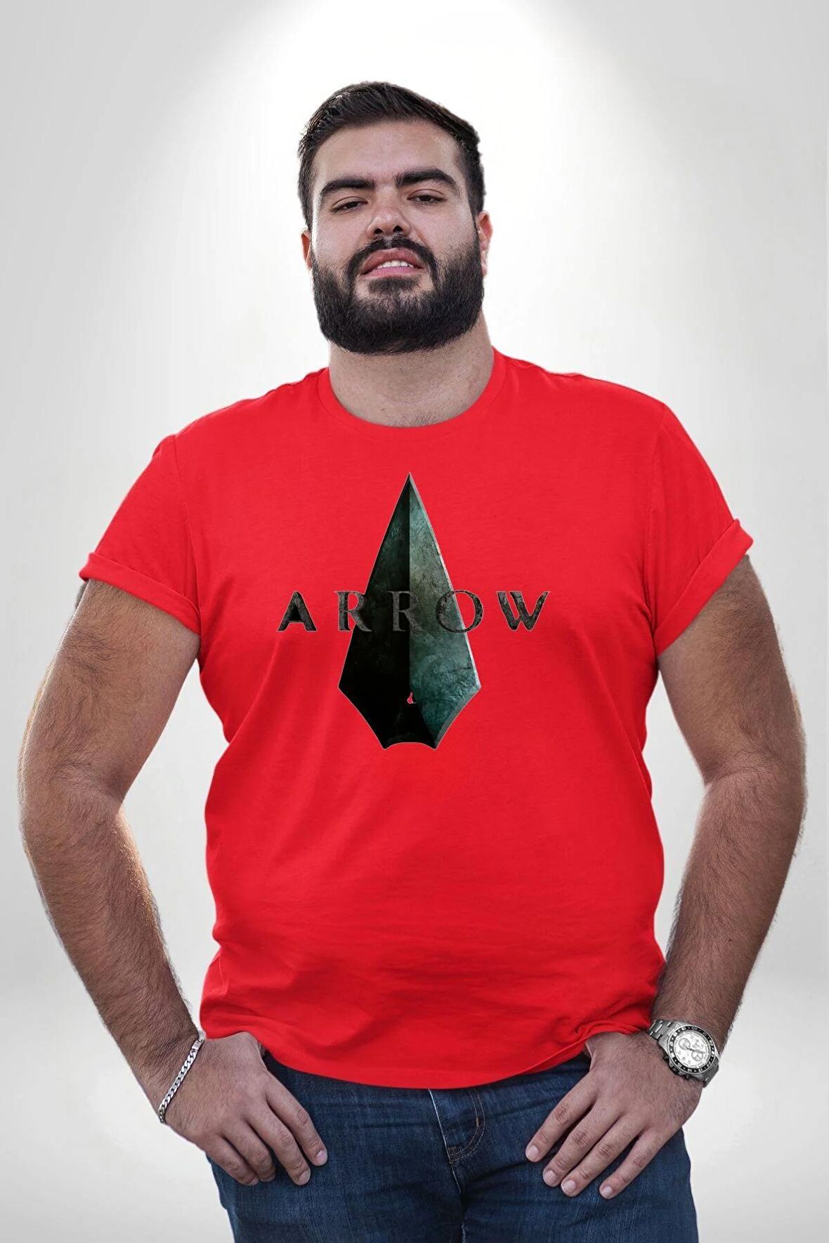 Arrow Kırmızı Büyük Beden Erkek Kadın Unisex Basic Ön Baskılı Tişört
