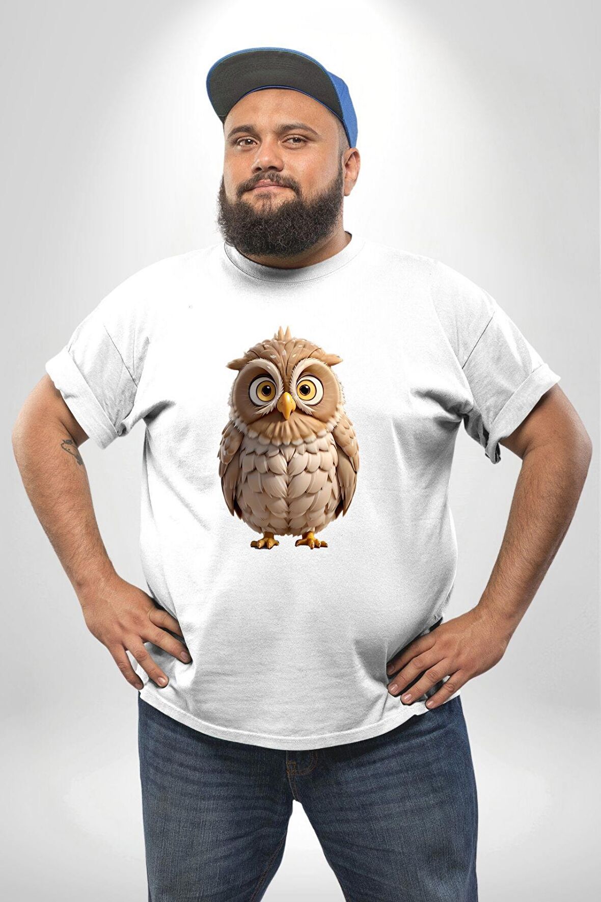 Baykuş Beyaz Büyük Beden Kadın Erkek Ünisex  Basic Ön Baskılı Tişört