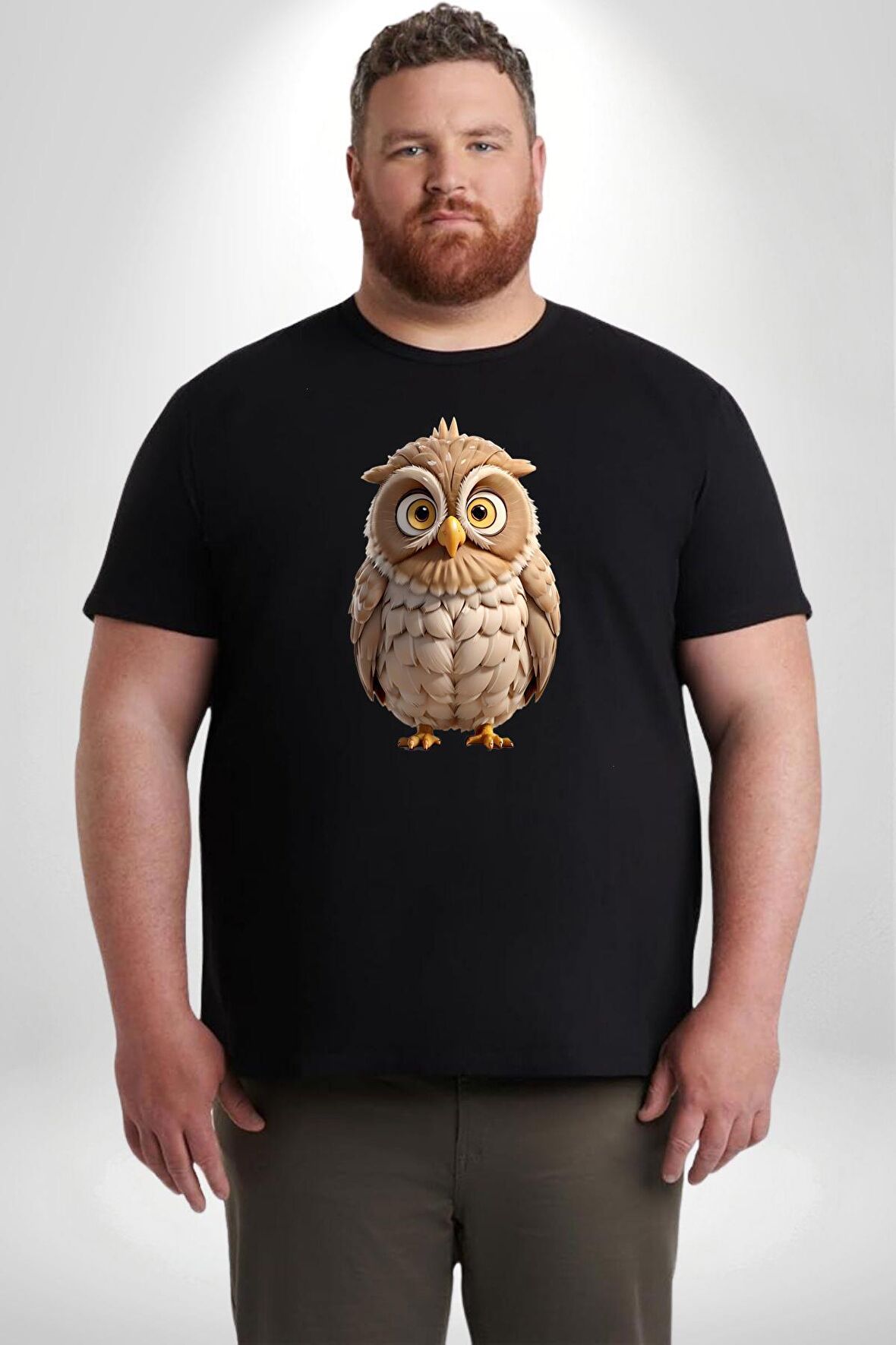 Baykuş Siyah Büyük Beden Erkek Kadın Unisex Basic Ön Baskılı Tişört