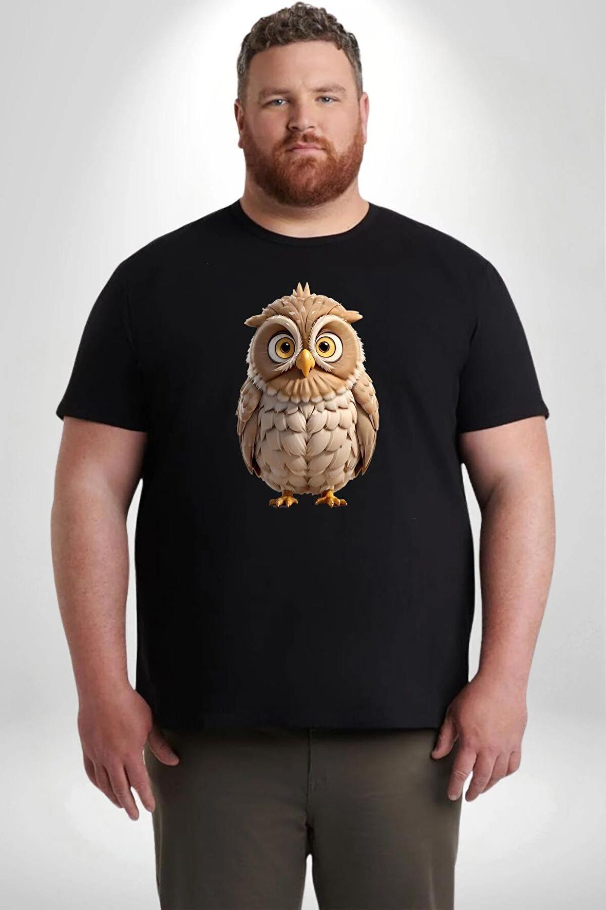 Baykuş Siyah Büyük Beden Erkek Kadın Unisex Basic Ön Baskılı Tişört