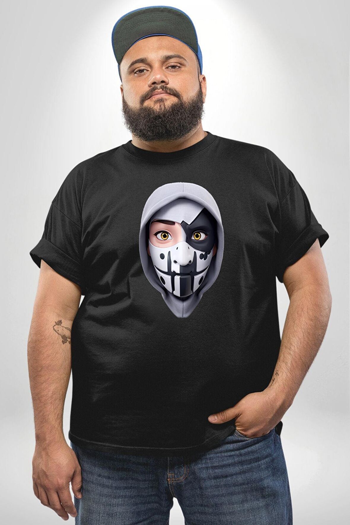 Maske Takan Kahraman Kafası Siyah Büyük Beden Erkek Kadın Unisex Basic Ön Baskılı Tişört