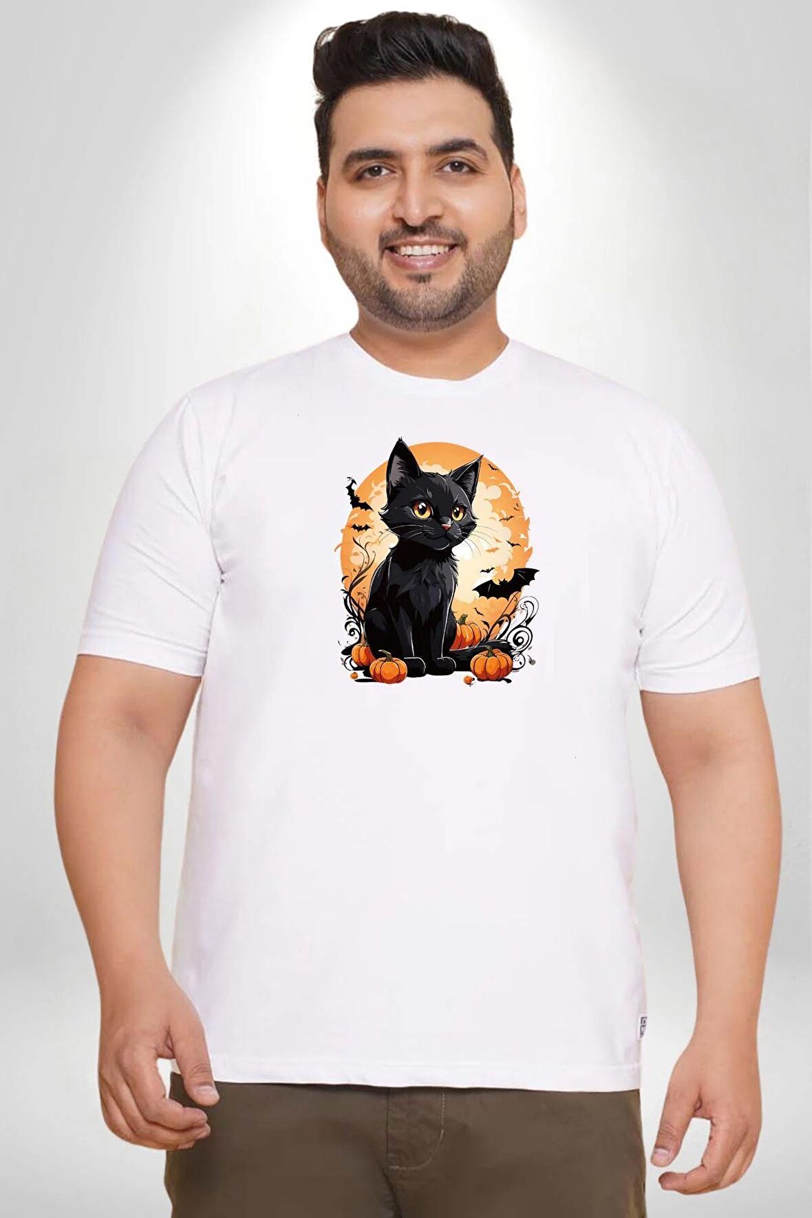 Cadılar Bayramı Kedi Beyaz Büyük Beden Kadın Erkek Ünisex  Basic Ön Baskılı Tişört