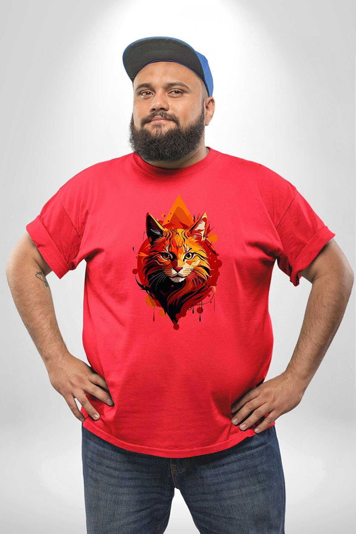 Renkli Sarı Kırmızı Kedi  Kırmızı Büyük Beden Erkek Kadın Unisex Basic Ön Baskılı Tişört