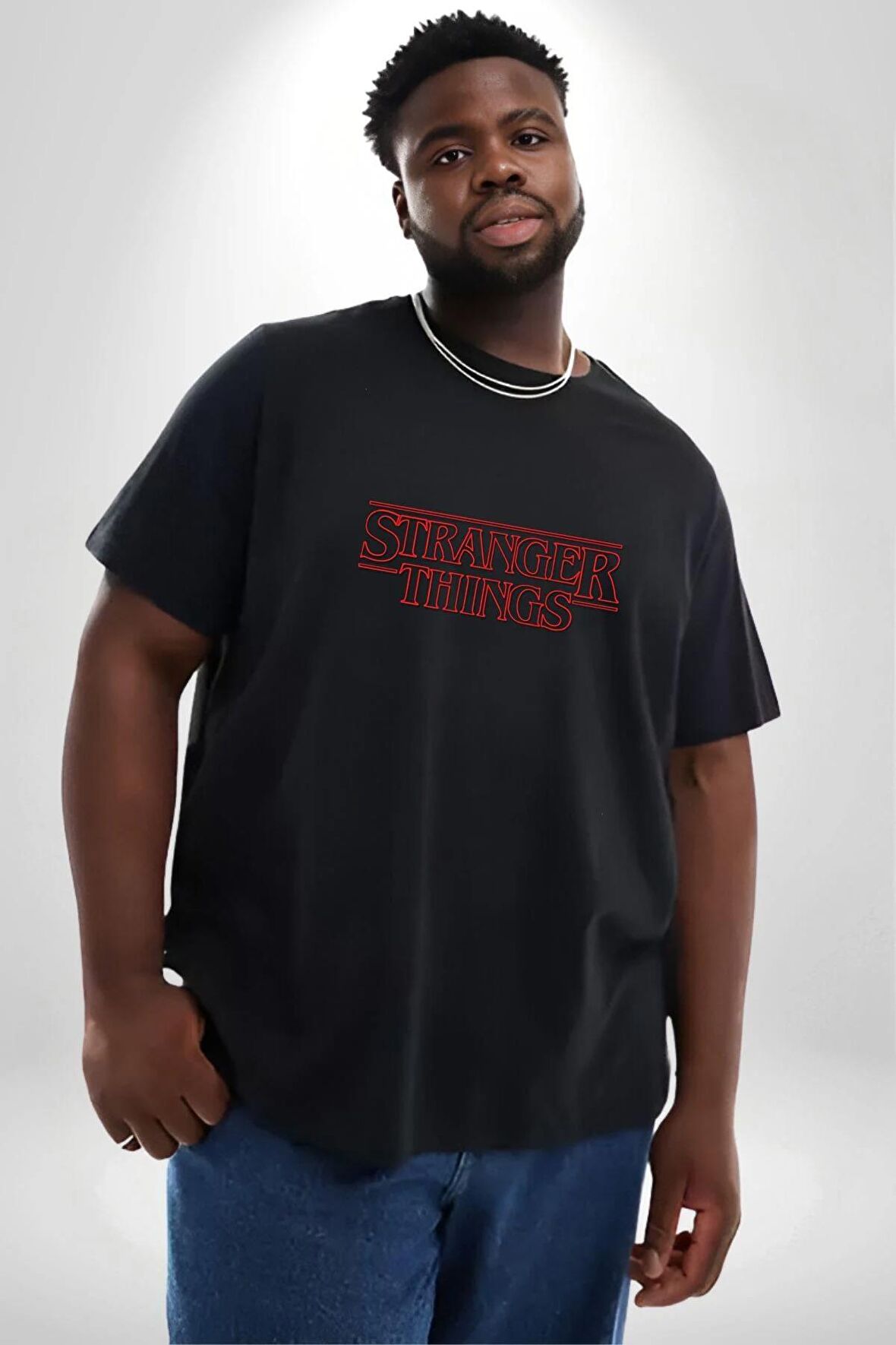 Stranger Things  Siyah Büyük Beden Erkek Kadın Unisex Basic Ön Baskılı Tişört