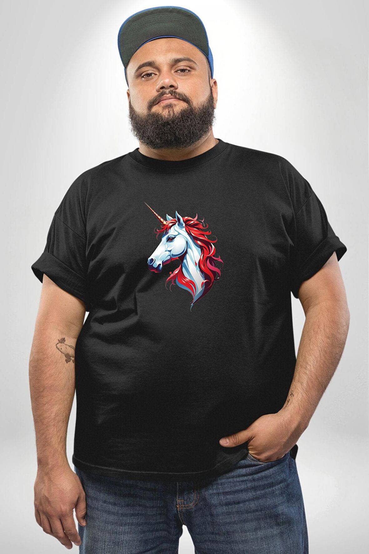 Unicorn Tek Boynuzlu At Siyah Büyük Beden Erkek Kadın Unisex Basic Ön Baskılı Tişört