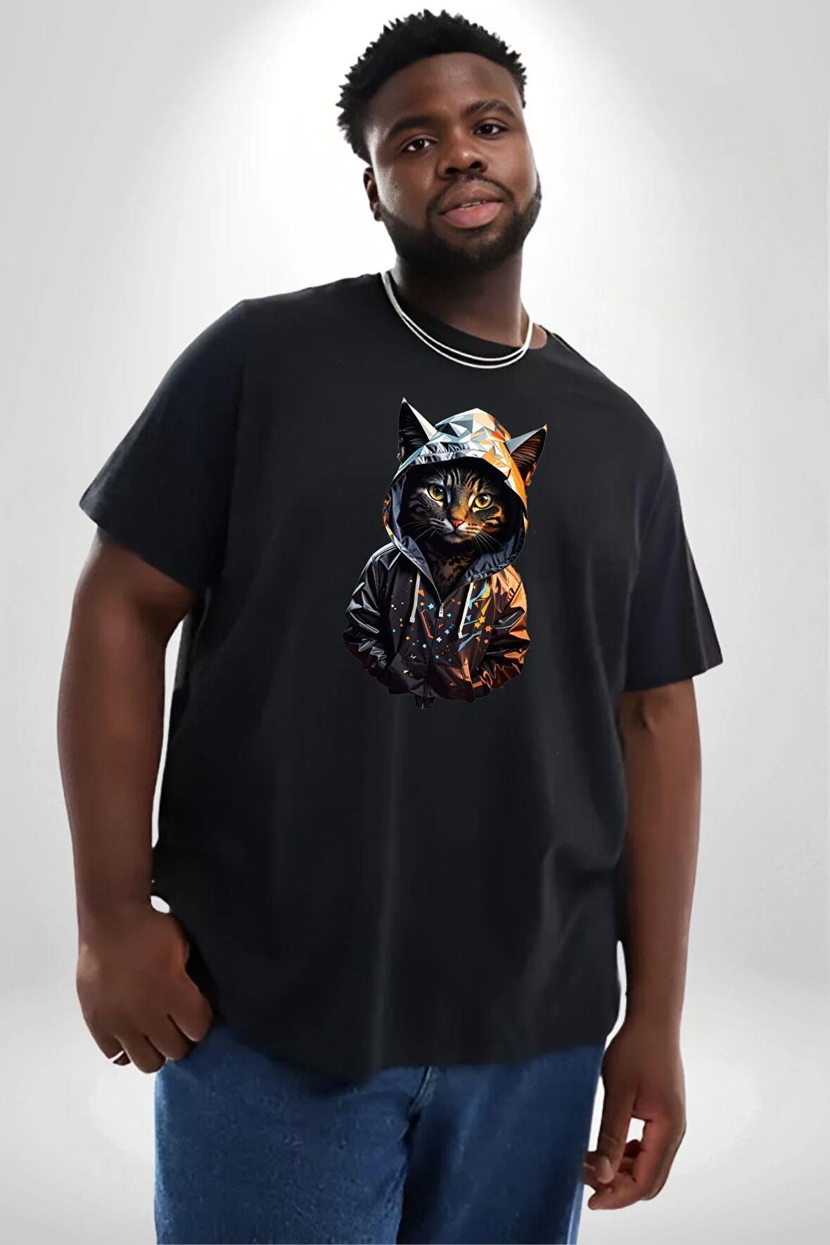 Hip Hop Gençlik Kedi Çeket Siyah Büyük Beden Erkek Kadın Unisex Basic Ön Baskılı Tişört