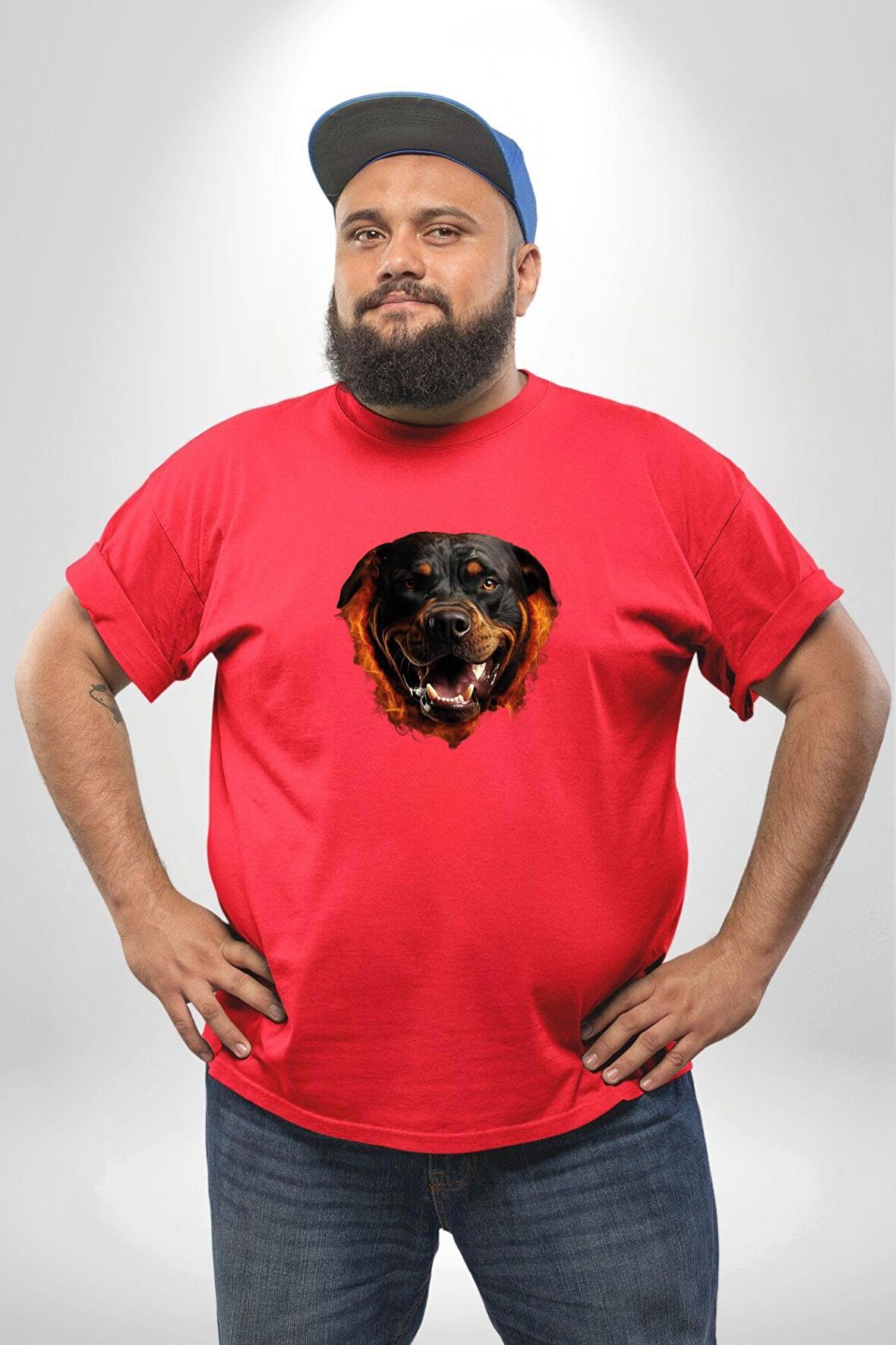 Rottweiler Ateşli Kafası Koca Kafa Kırmızı Büyük Beden Erkek Kadın Unisex Basic Ön Baskılı Tişört