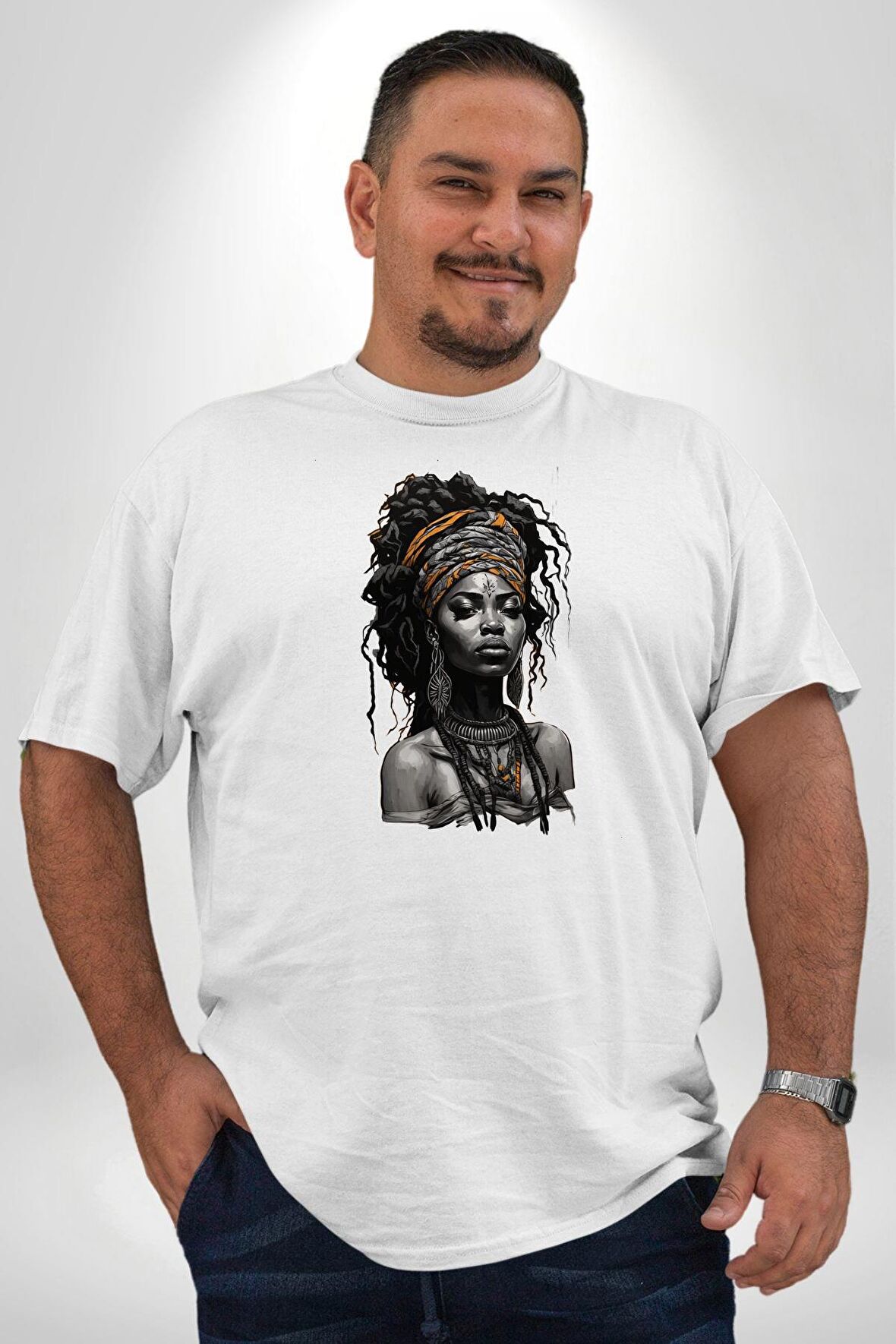 Afrikalı Kadın Erkek Ünisex  Sanat Beyazi  Beyaz Büyük Beden Kadın Erkek Ünisex  Basic Ön Baskılı Tişört