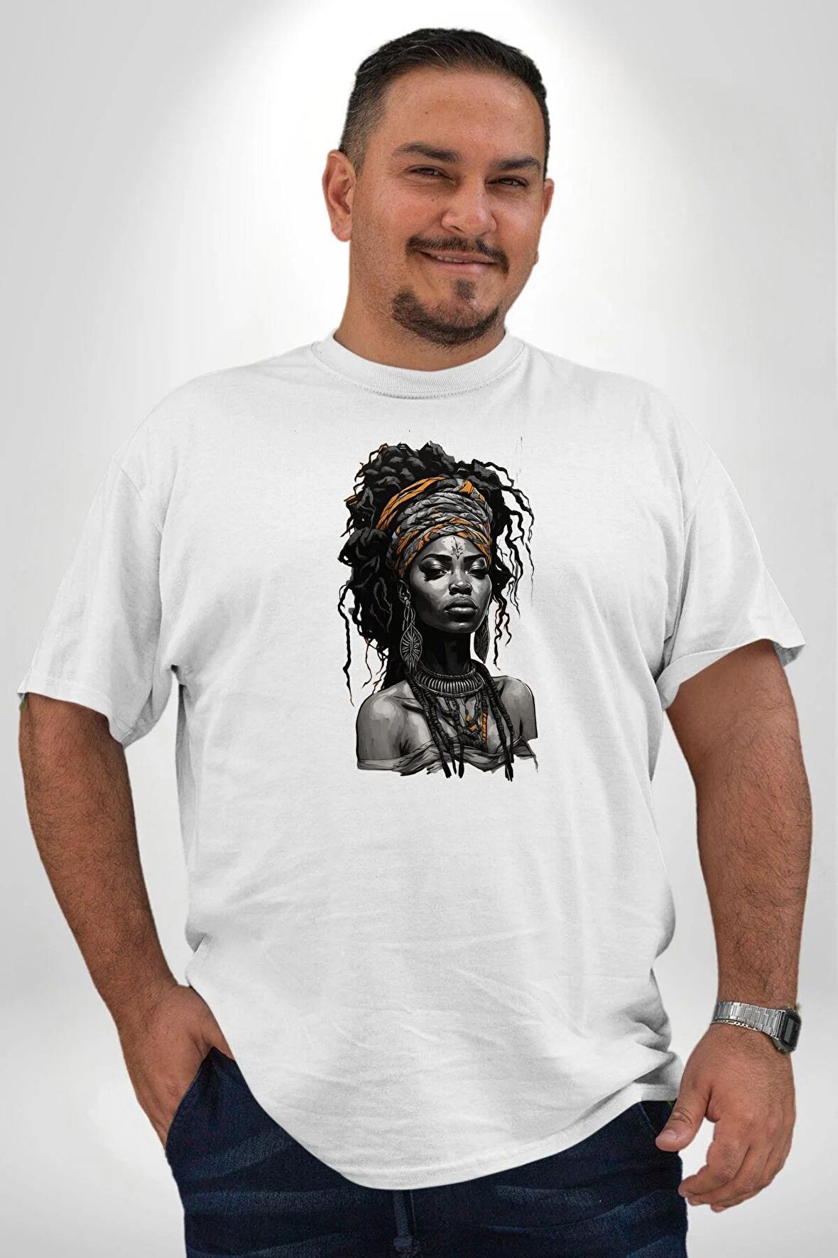 Afrikalı Kadın Erkek Ünisex  Sanat Beyazi  Beyaz Büyük Beden Kadın Erkek Ünisex  Basic Ön Baskılı Tişört