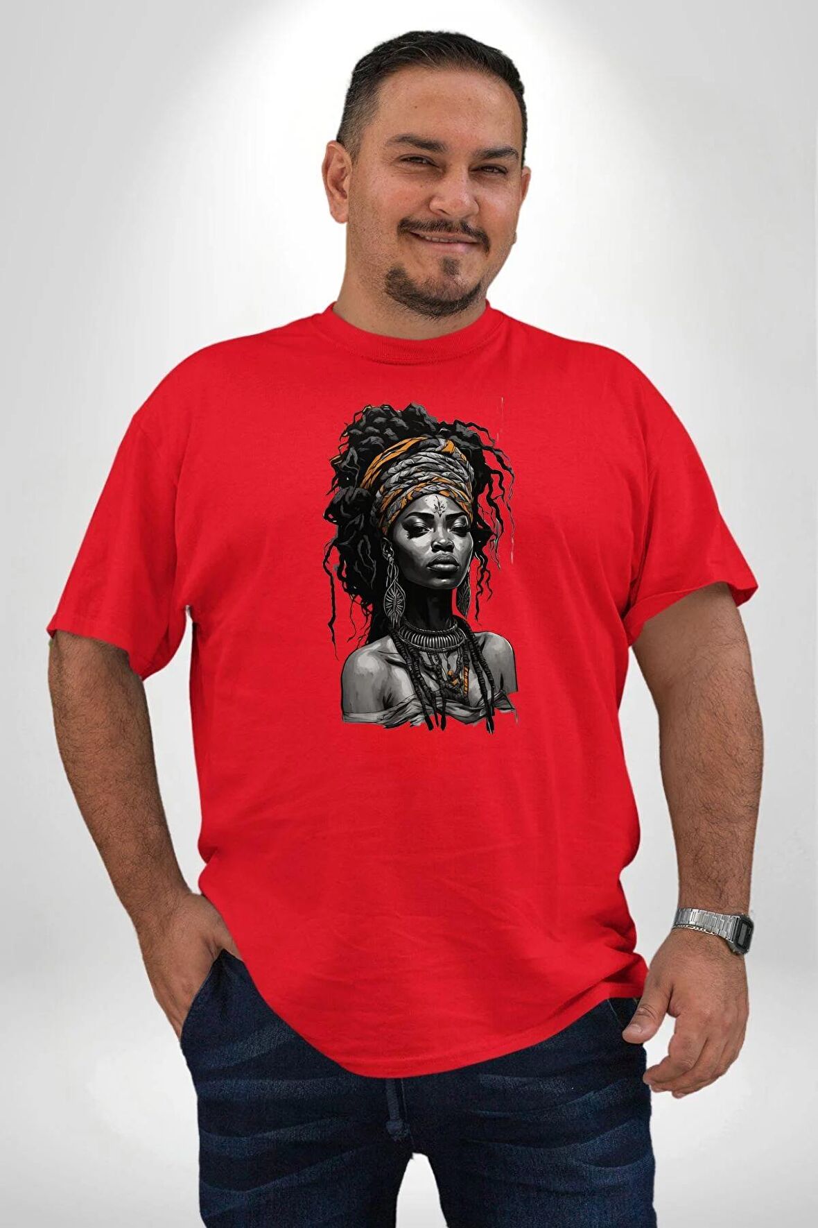 Afrikalı Erkek Kadın Unisex Sanat Kırmızıi  Kırmızı Büyük Beden Erkek Kadın Unisex Basic Ön Baskılı Tişört