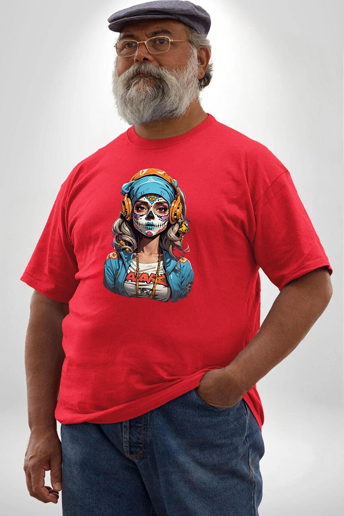 Hippie Cesur Stil Dövmeli Kız  Kırmızı Büyük Beden Erkek Kadın Unisex Basic Ön Baskılı Tişört