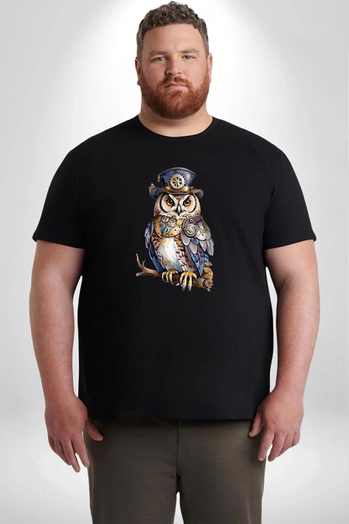Şapkalı Amerikalı Baykuş Burjuva Baykuş Siyah Büyük Beden Erkek Kadın Unisex Basic Ön Baskılı Tişört