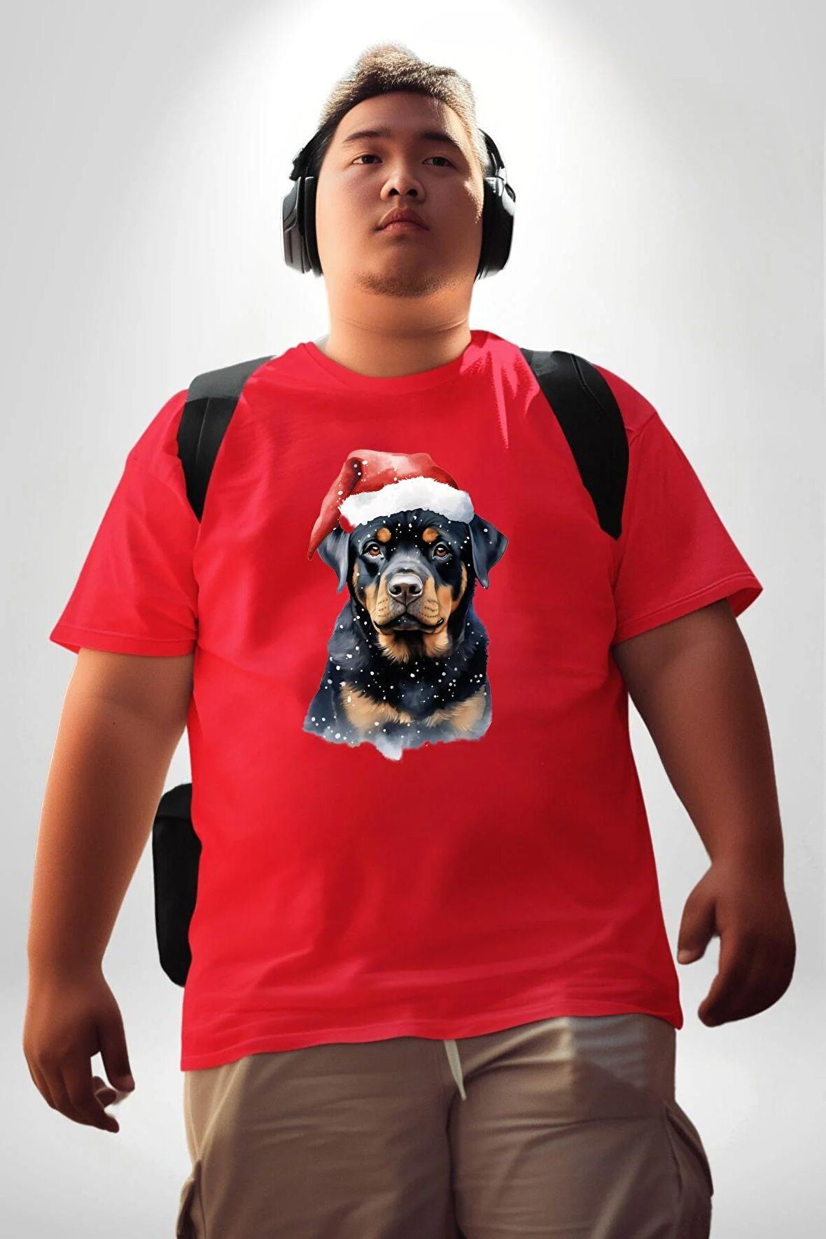 Yeni Yıl Noel Rottweiler Kırmızı Büyük Beden Erkek Kadın Unisex Basic Ön Baskılı Tişört