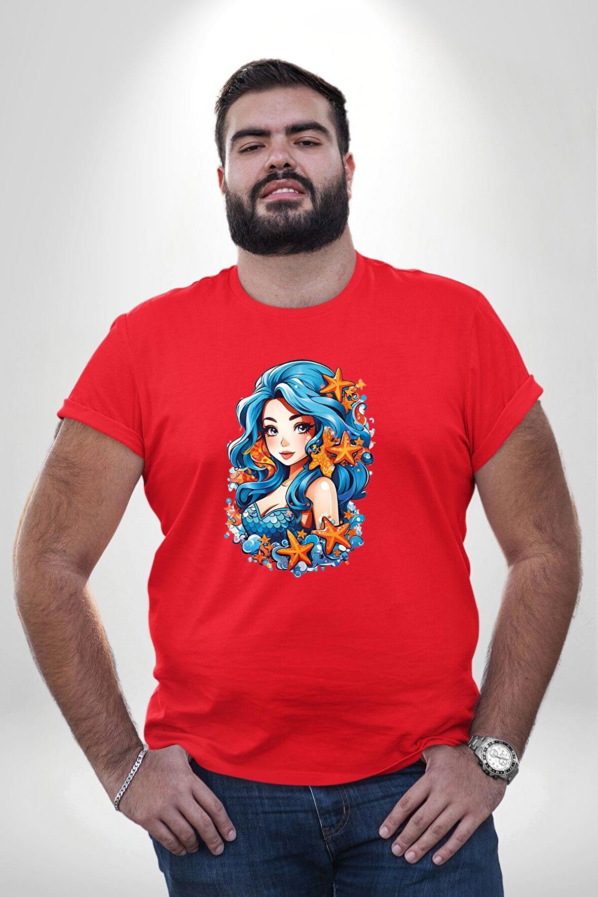 Deniz Kızı Deniz Yıldızı Mavi Saçlı Kırmızı Büyük Beden Erkek Kadın Unisex Basic Ön Baskılı Tişört