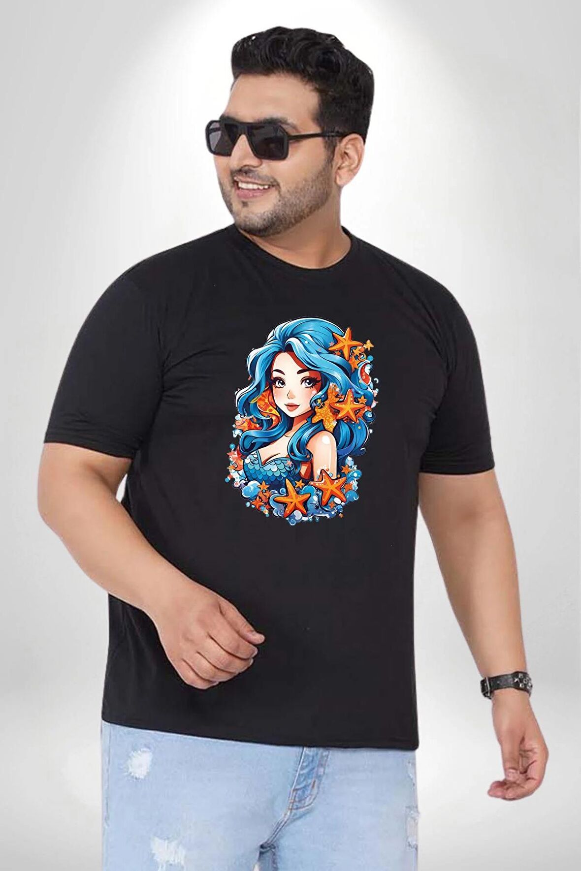 Deniz Kızı Deniz Yıldızı Mavi Saçlı Siyah Büyük Beden Erkek Kadın Unisex Basic Ön Baskılı Tişört