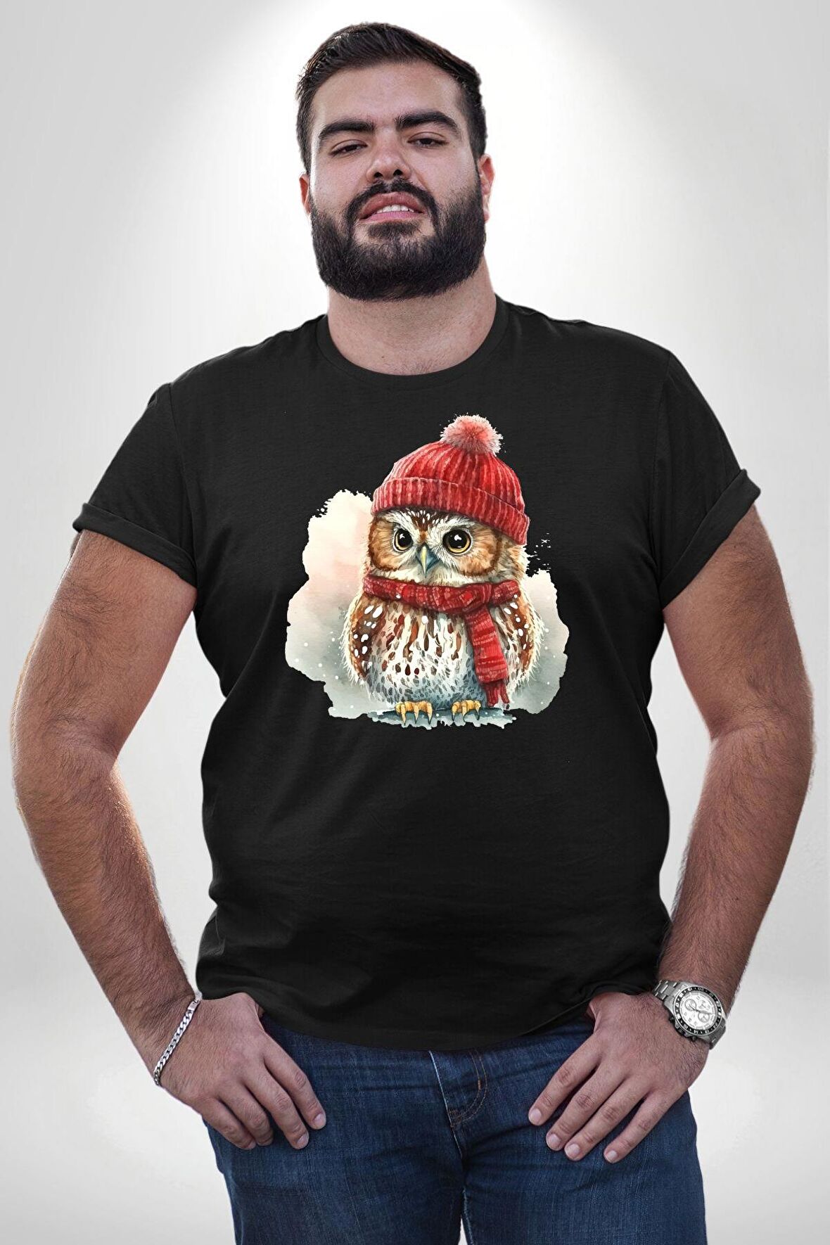Kış Kırmızı Atkı Bere Baykuş Siyah Büyük Beden Erkek Kadın Unisex Basic Ön Baskılı Tişört