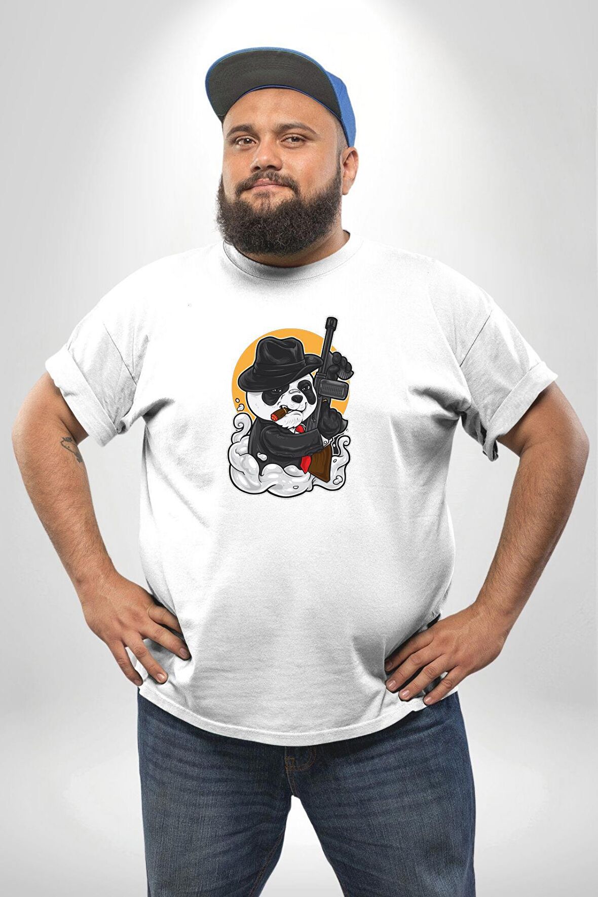 Gangster Panda  Beyaz Büyük Beden Kadın Erkek Ünisex  Basic Ön Baskılı Tişört