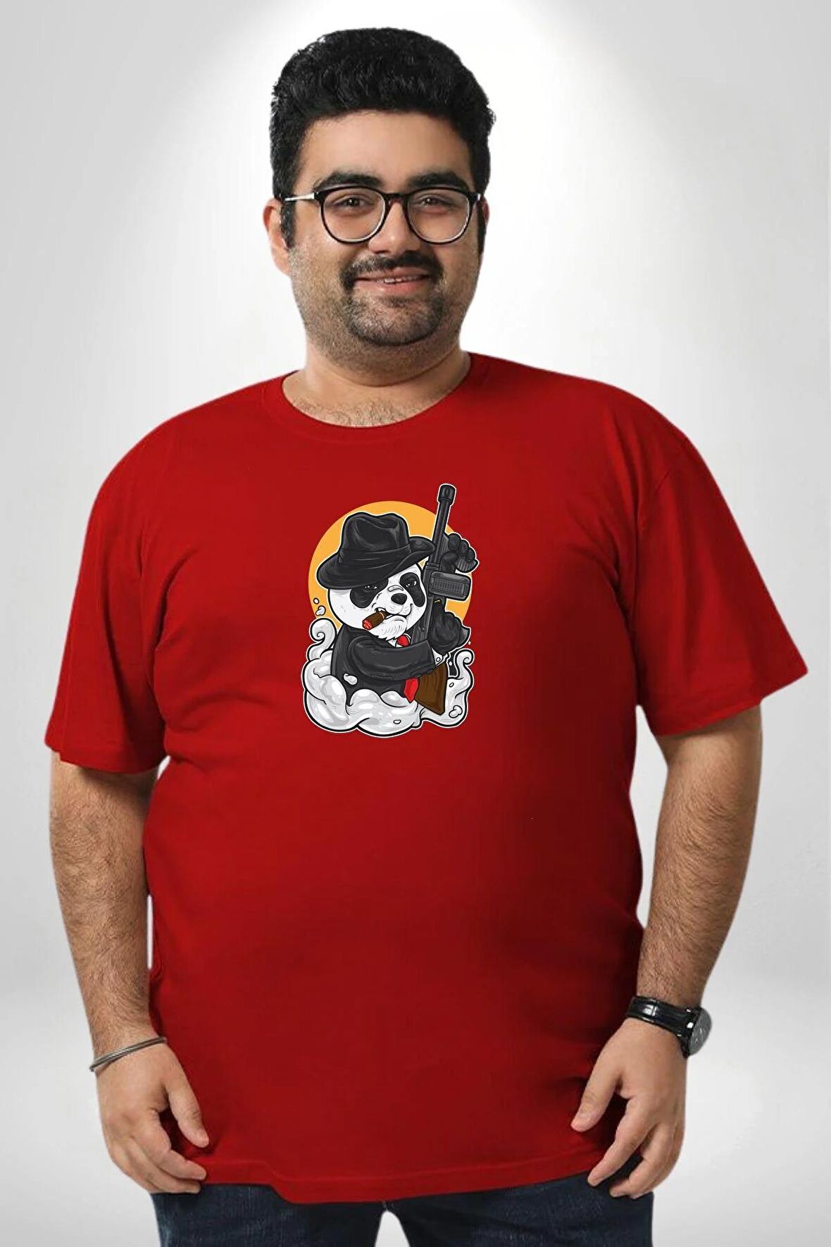 Gangster Panda  Kırmızı Büyük Beden Erkek Kadın Unisex Basic Ön Baskılı Tişört
