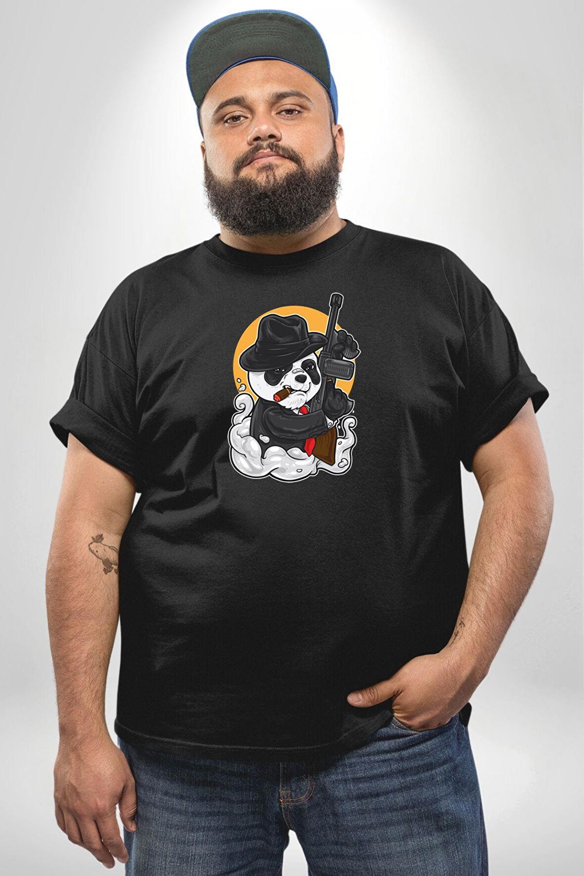 Gangster Panda  Siyah Büyük Beden Erkek Kadın Unisex Basic Ön Baskılı Tişört