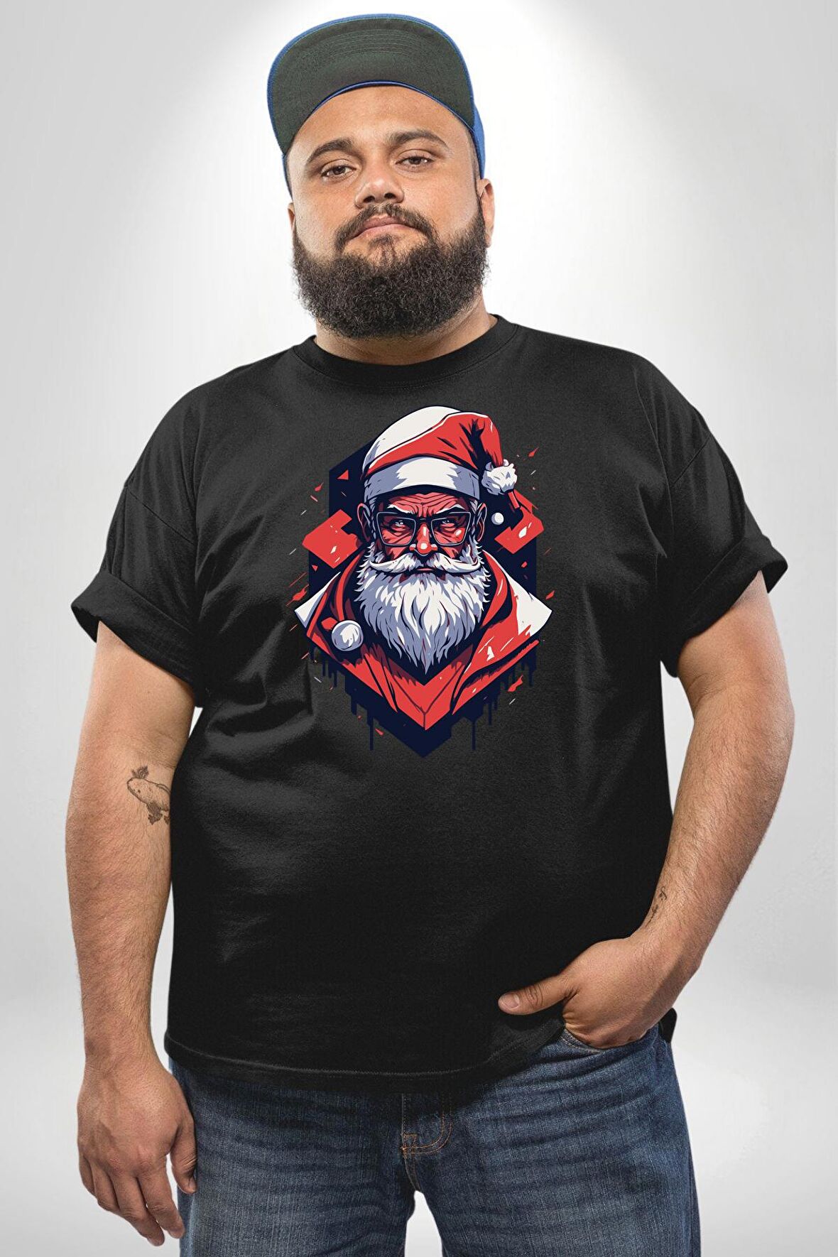 Cool Santa Claus Noel Baba Siyah Büyük Beden Erkek Kadın Unisex Basic Ön Baskılı Tişört