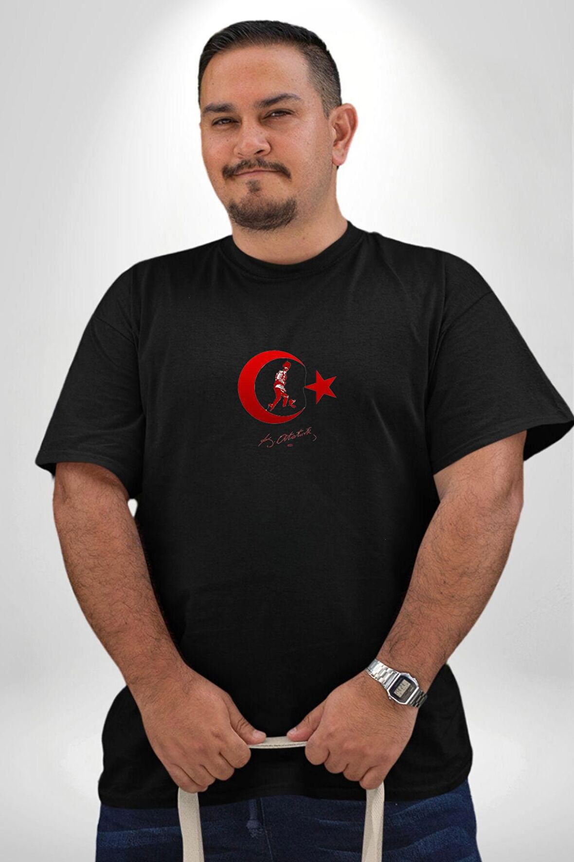 Ay Yıldız Kırmızı Kemal Atatürk İmza Siyah Büyük Beden Erkek Kadın Unisex Basic Ön Baskılı Tişört