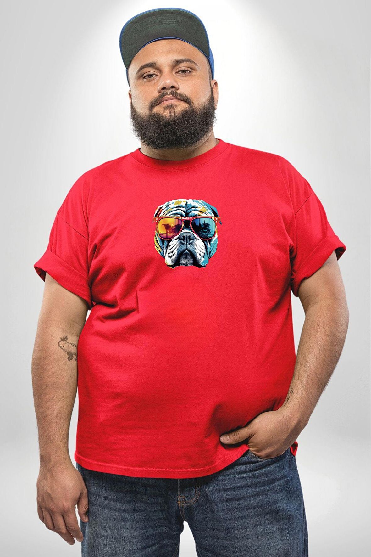 Bull Terier Köpek Gözlük Renkli  Kırmızı Büyük Beden Erkek Kadın Unisex Basic Ön Baskılı Tişört