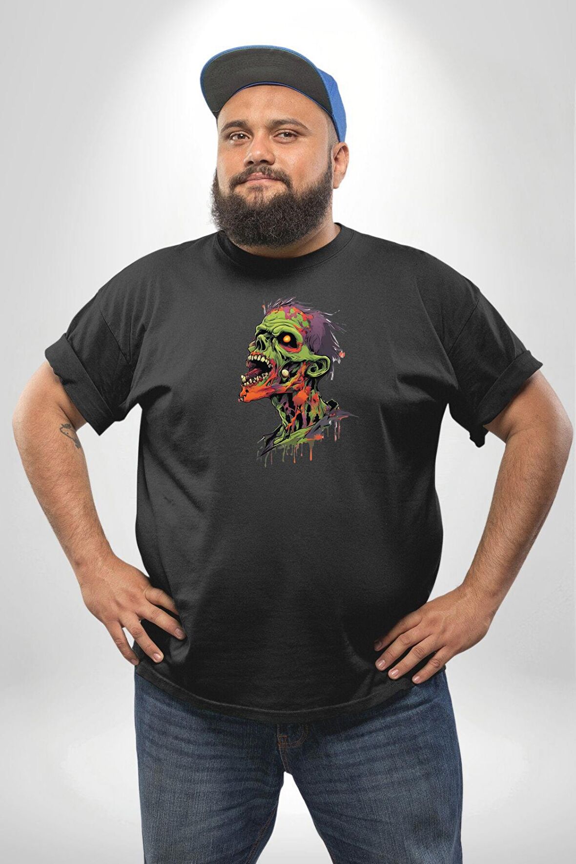 Zombi Kafası Siyah Büyük Beden Erkek Kadın Unisex Basic Ön Baskılı Tişört