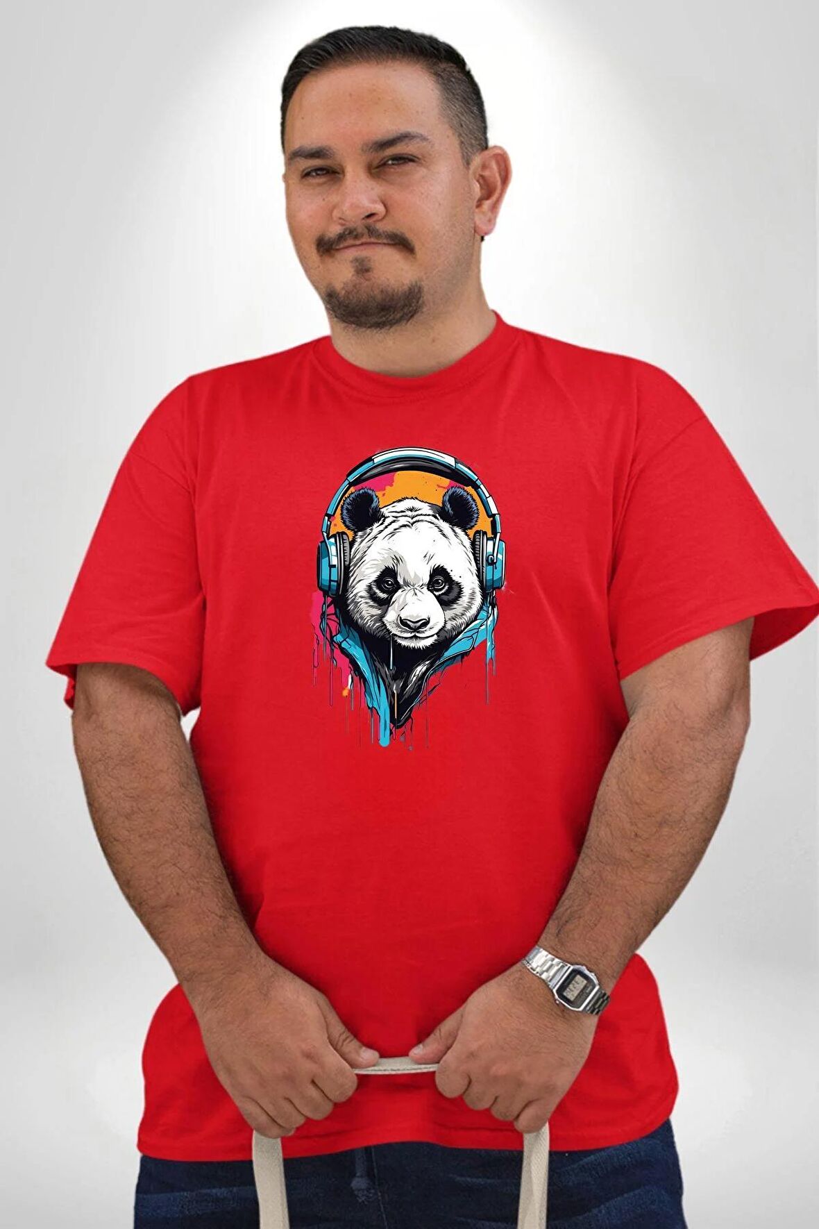 Kulaklık Ayı Panda Kırmızı Büyük Beden Erkek Kadın Unisex Basic Ön Baskılı Tişört