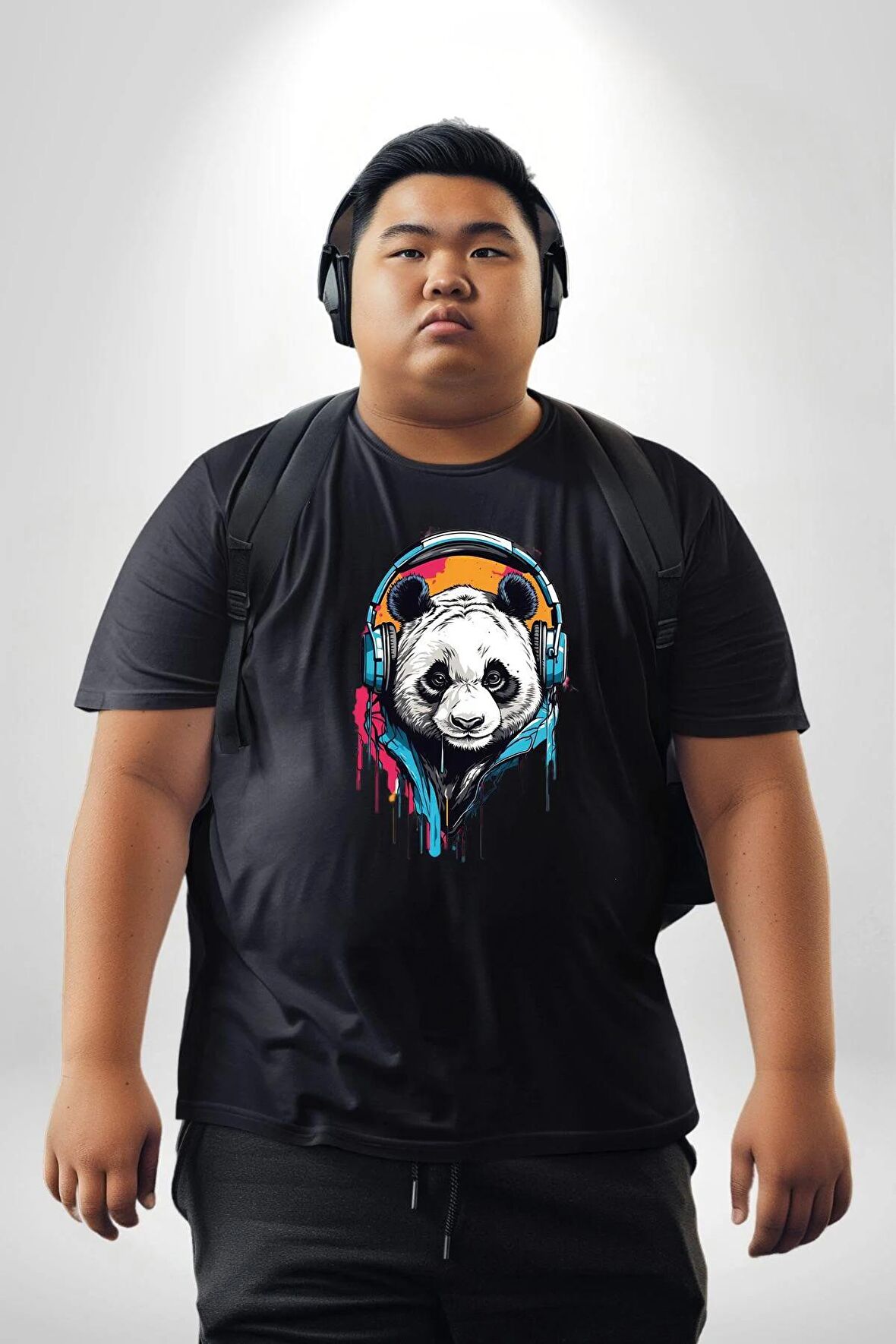Kulaklık Ayı Panda Siyah Büyük Beden Erkek Kadın Unisex Basic Ön Baskılı Tişört