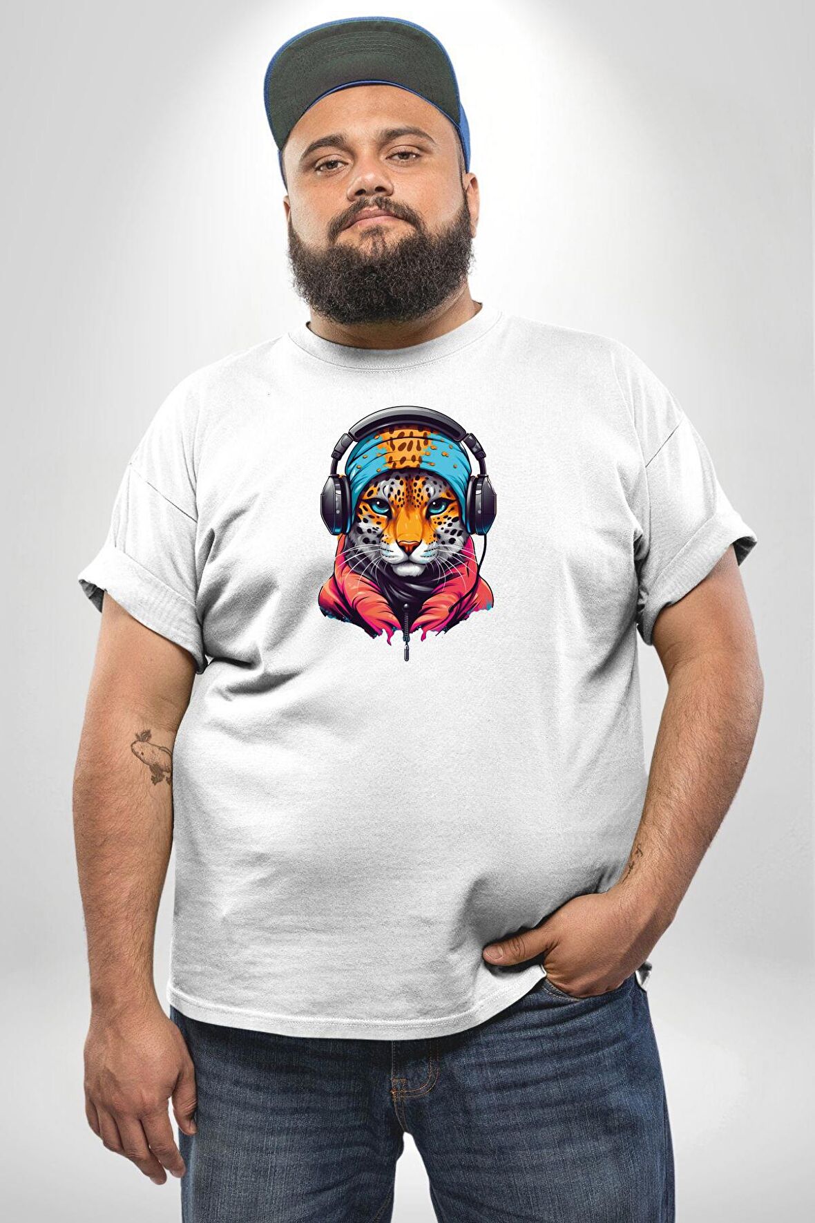Kulaklık Kedi Leopar Bandana Beyaz Büyük Beden Kadın Erkek Ünisex  Basic Ön Baskılı Tişört