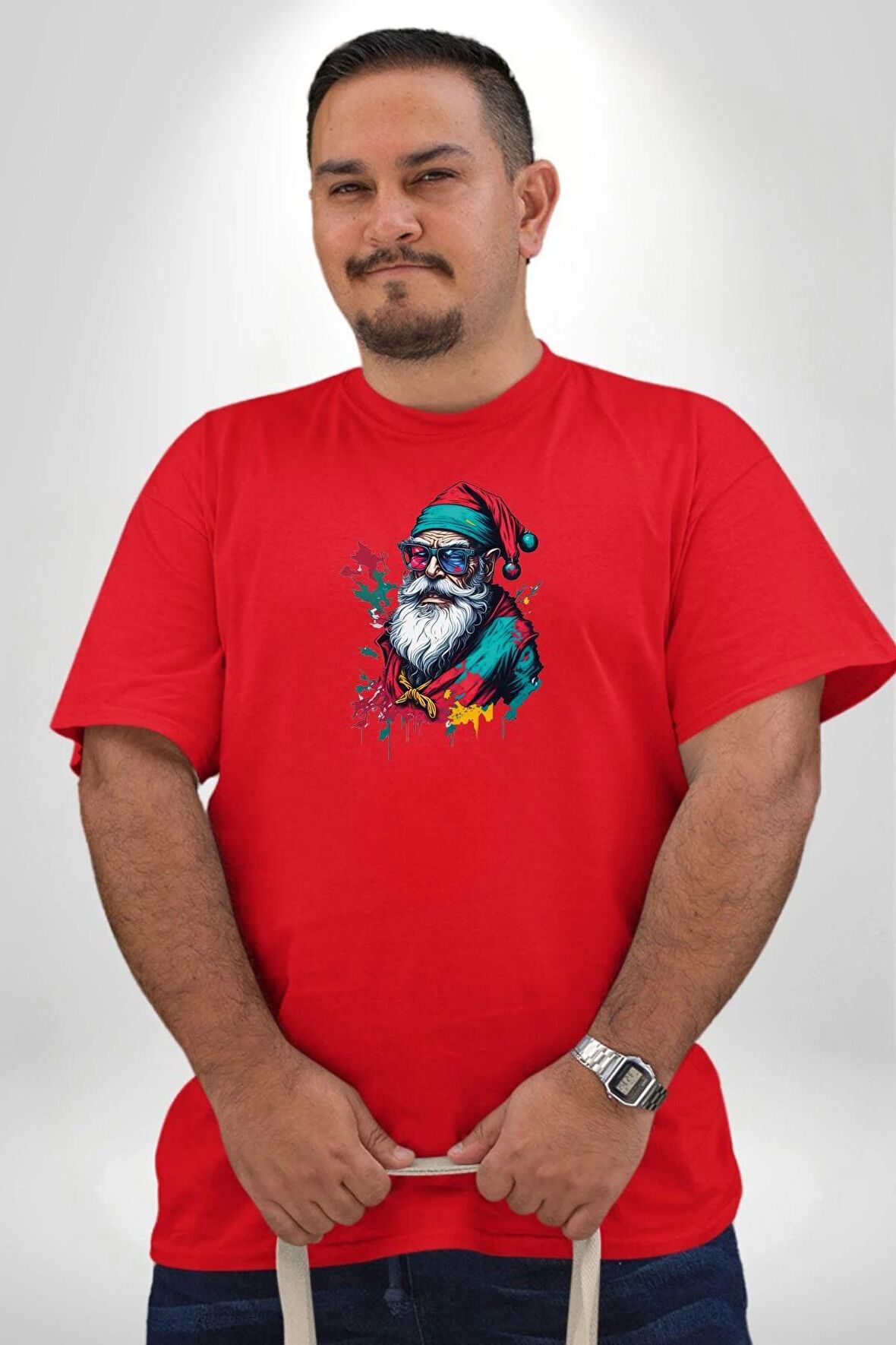 Renkli Noel Baba Yeni Nesil Gözlüklü Kırmızı Büyük Beden Erkek Kadın Unisex Basic Ön Baskılı Tişört
