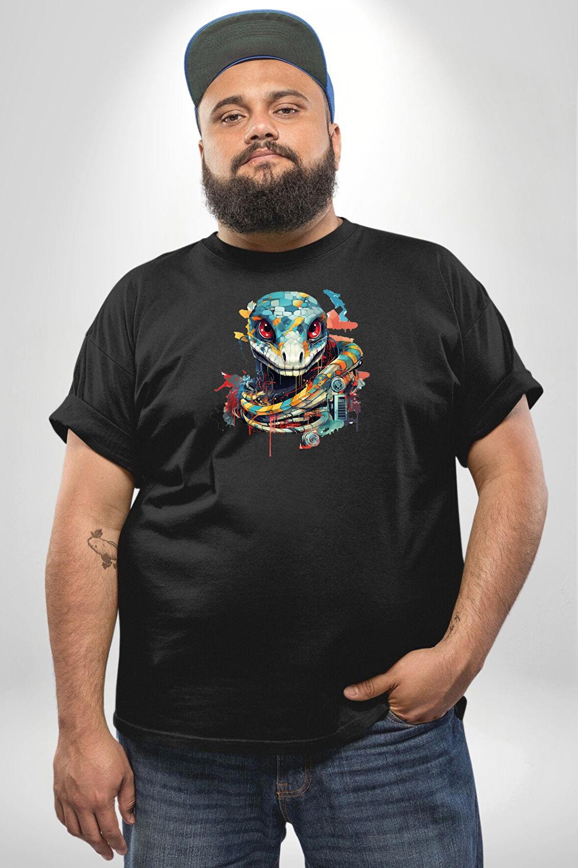 Yapay Zeka Sanal Yılan  Siyah Büyük Beden Erkek Kadın Unisex Basic Ön Baskılı Tişört