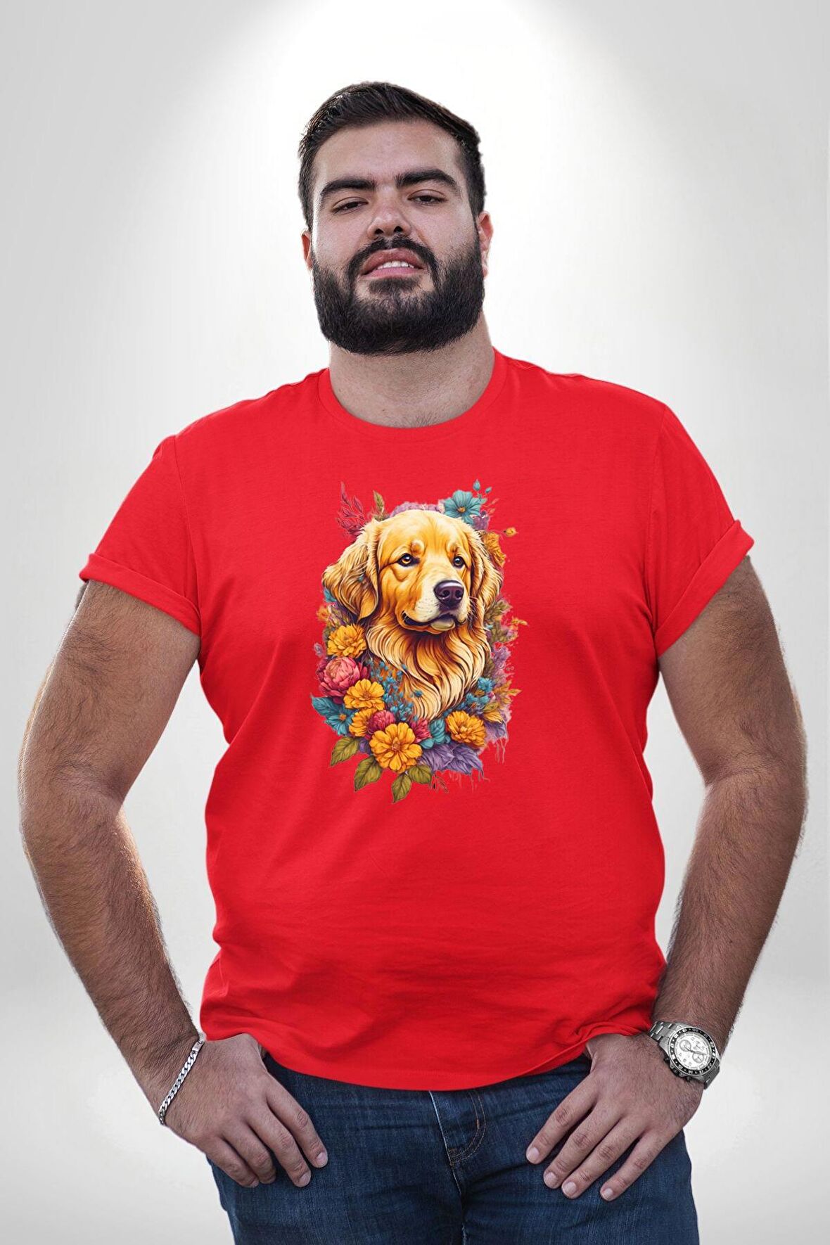 Golden Çiçekli Baby Face Kırmızı Büyük Beden Erkek Kadın Unisex Basic Ön Baskılı Tişört