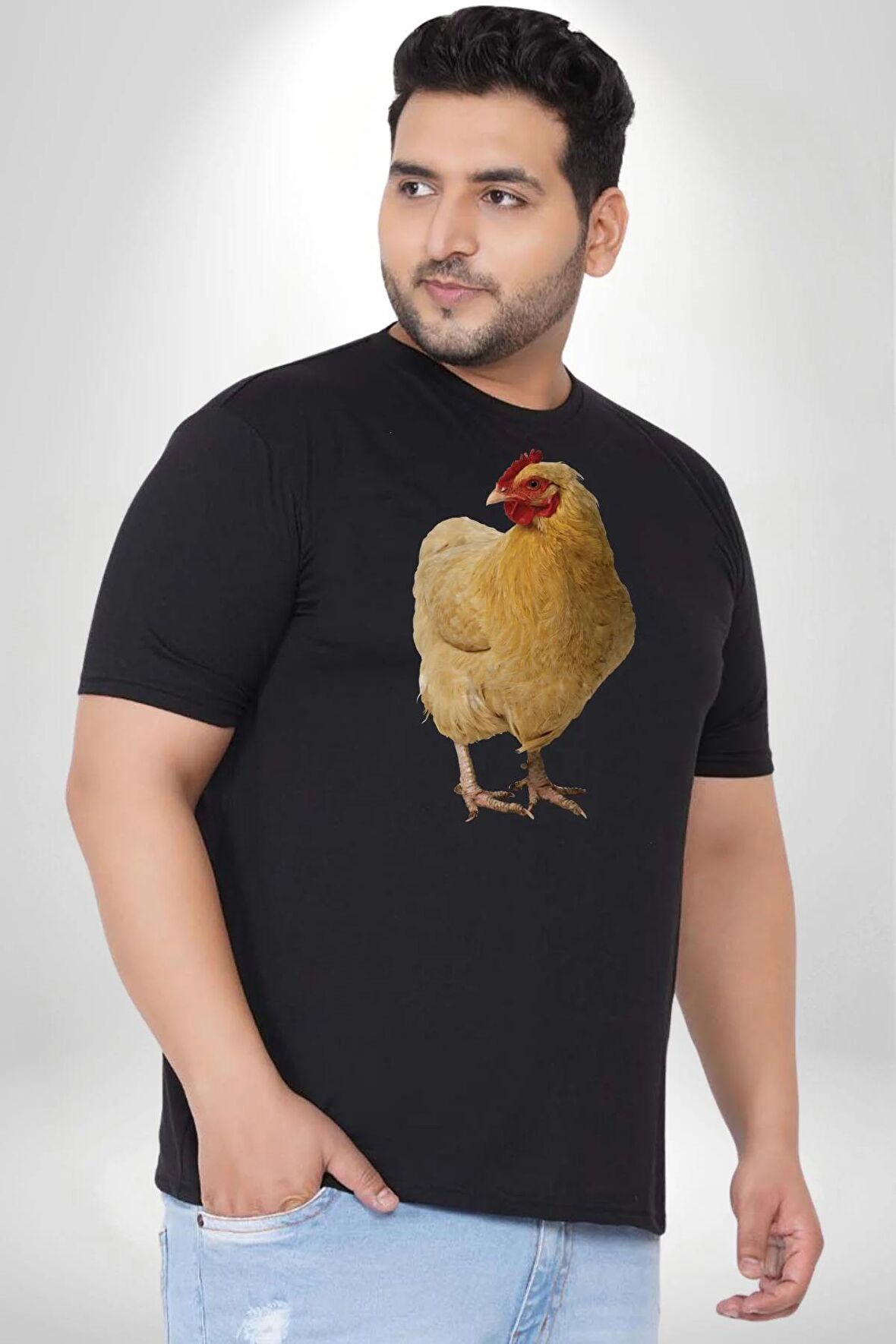 Tavuk Siyah Büyük Beden Erkek Kadın Unisex Basic Ön Baskılı Tişört