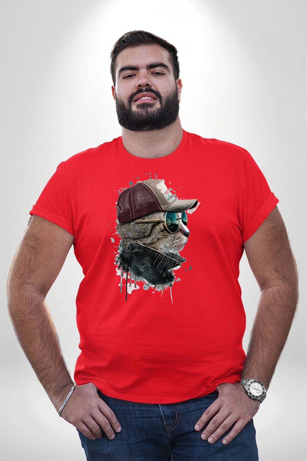Pilot Çeketli Deri Şapkalı Cool Kedi Kırmızı Büyük Beden Erkek Kadın Unisex Basic Ön Baskılı Tişört