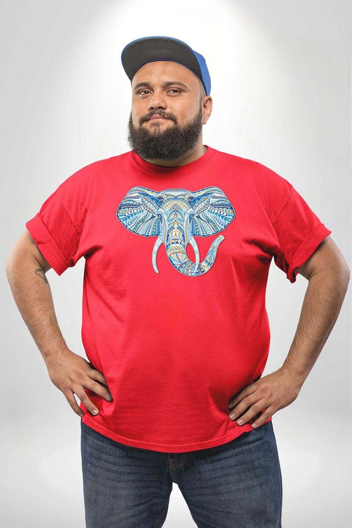 Mandala  Renkli Fil Kırmızı Büyük Beden Erkek Kadın Unisex Basic Ön Baskılı Tişört