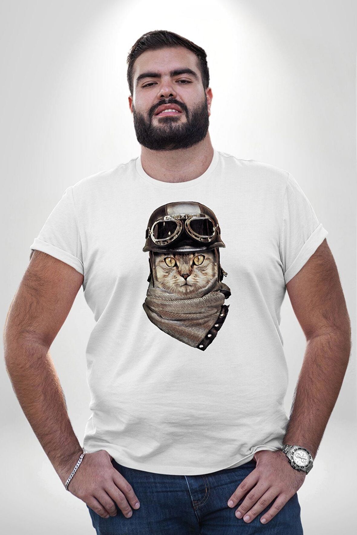 Kasket Bandana Motorcu Kedi Beyaz Büyük Beden Kadın Erkek Ünisex  Basic Ön Baskılı Tişört