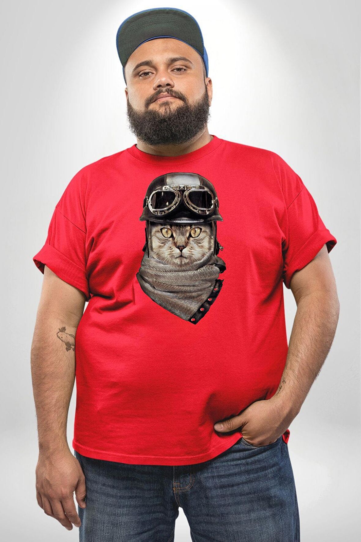 Kasket Bandana Motorcu Kedi Kırmızı Büyük Beden Erkek Kadın Unisex Basic Ön Baskılı Tişört