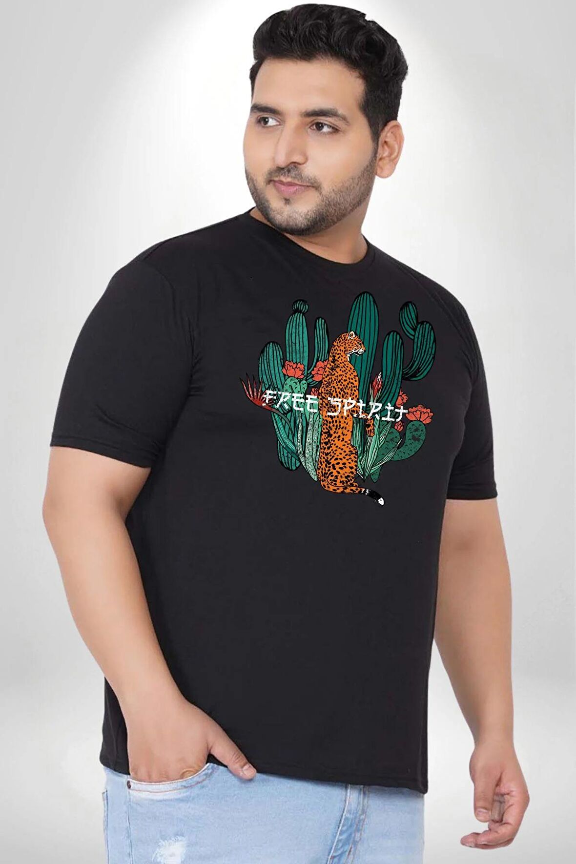 Kaktüs Çita  Siyah Büyük Beden Erkek Kadın Unisex Basic Ön Baskılı Tişört