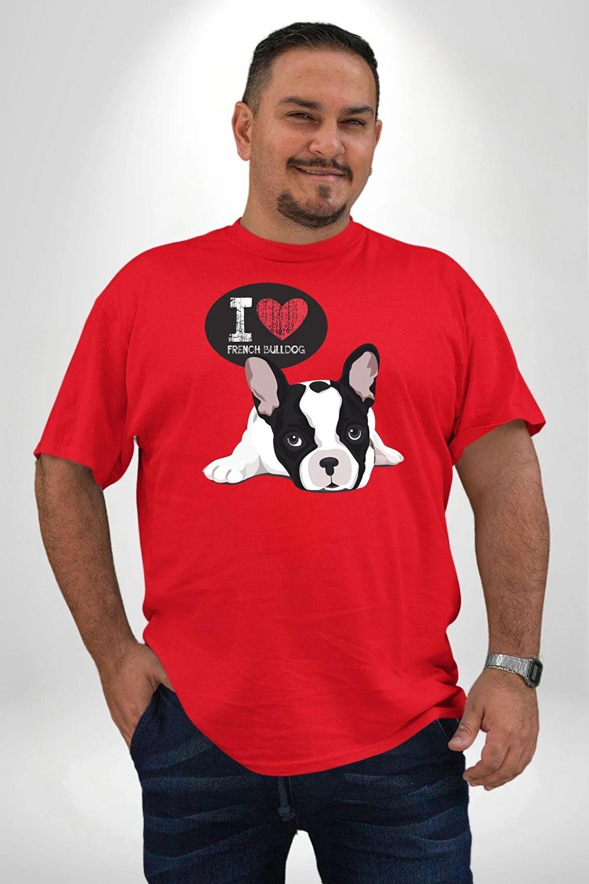 Seni Seviyorum Bulldog  Kırmızı Büyük Beden Erkek Kadın Unisex Basic Ön Baskılı Tişört
