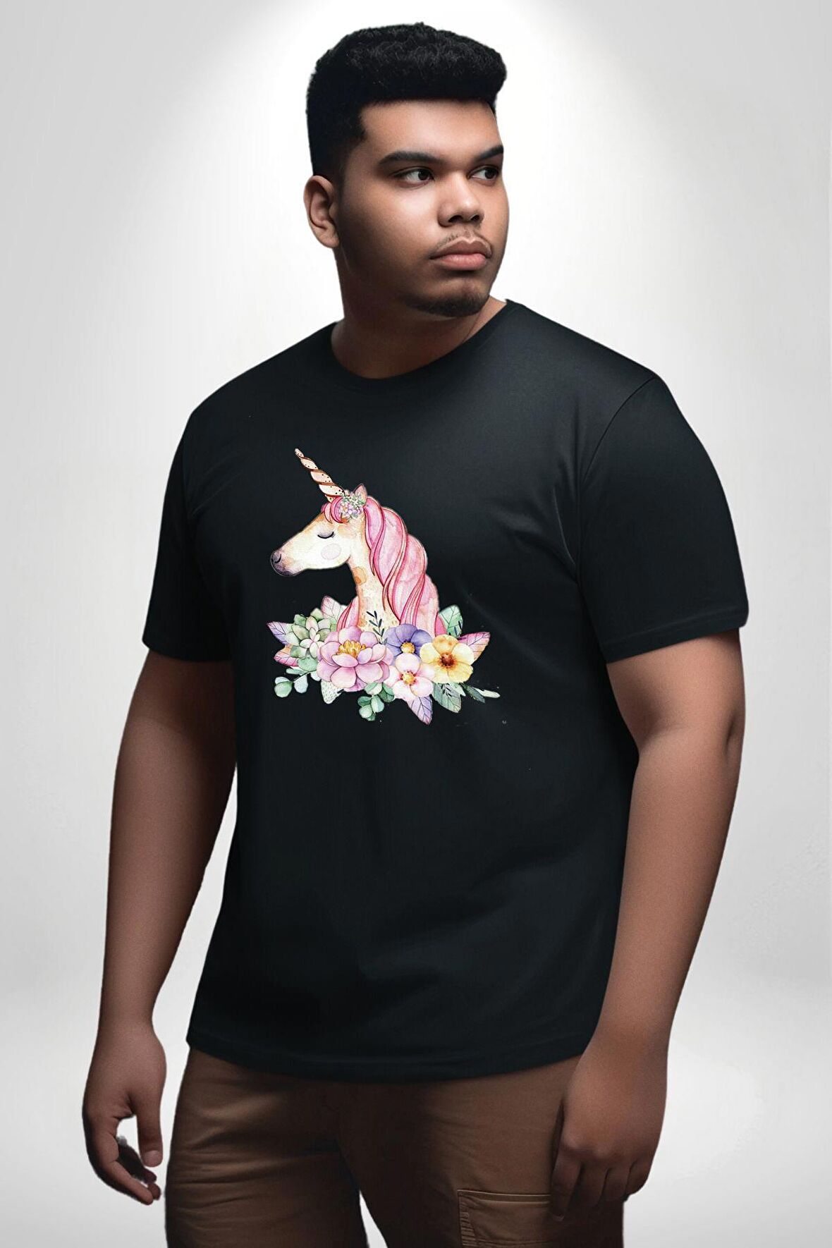 Unicorn Çiçek  Siyah Büyük Beden Erkek Kadın Unisex Basic Ön Baskılı Tişört