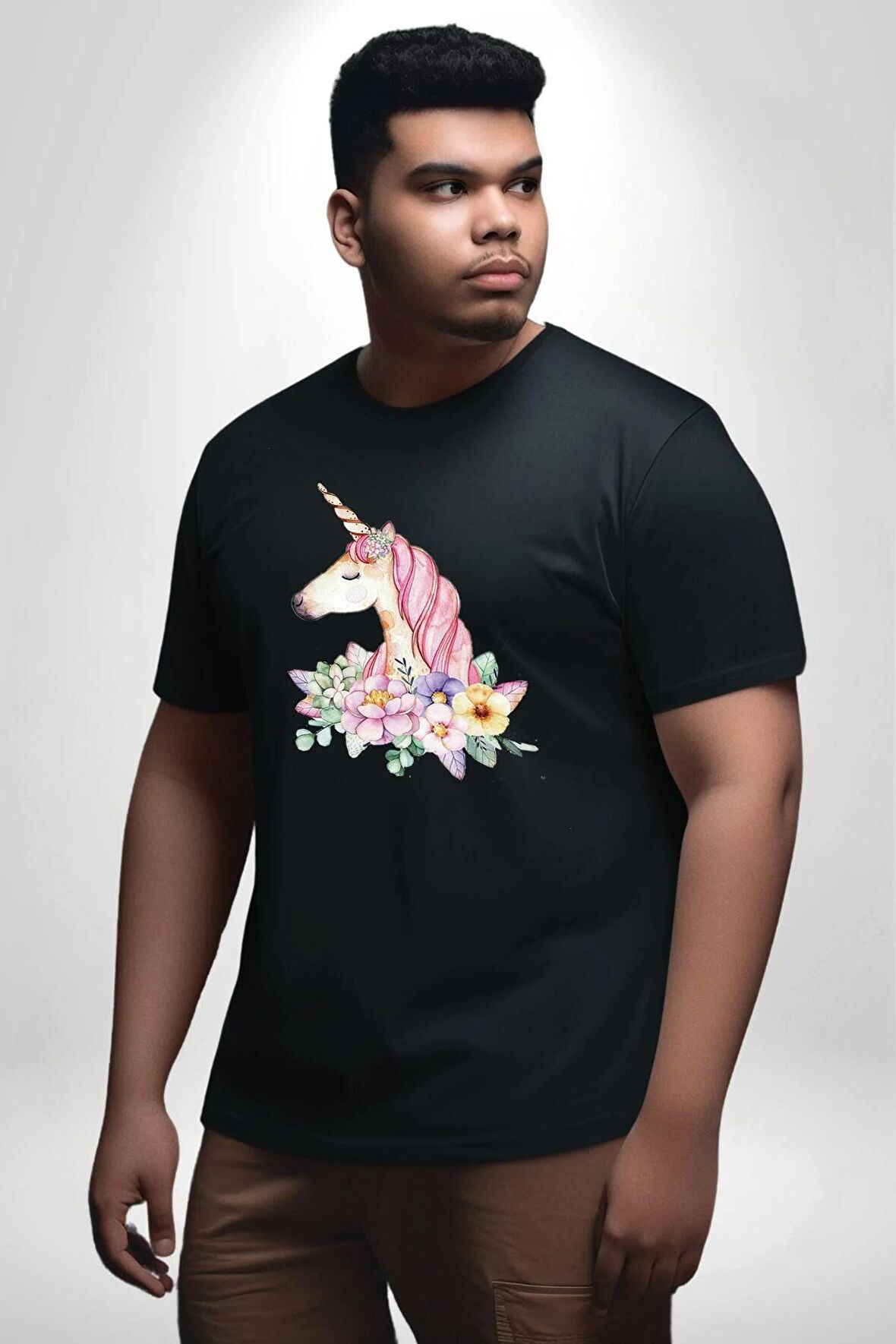 Unicorn Çiçek  Siyah Büyük Beden Erkek Kadın Unisex Basic Ön Baskılı Tişört