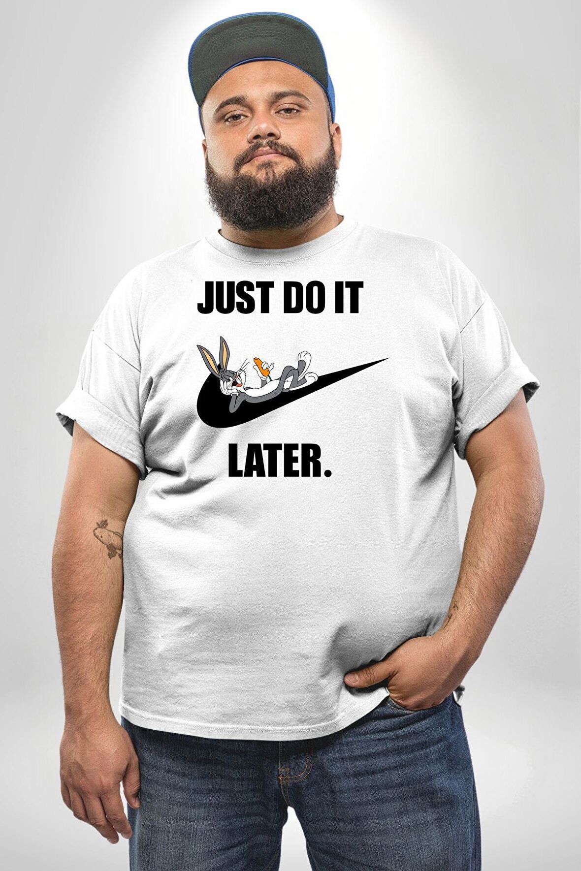 Just Do It Later Nike Bug Bunny Beyaz Büyük Beden Kadın Erkek Ünisex  Basic Ön Baskılı Tişört