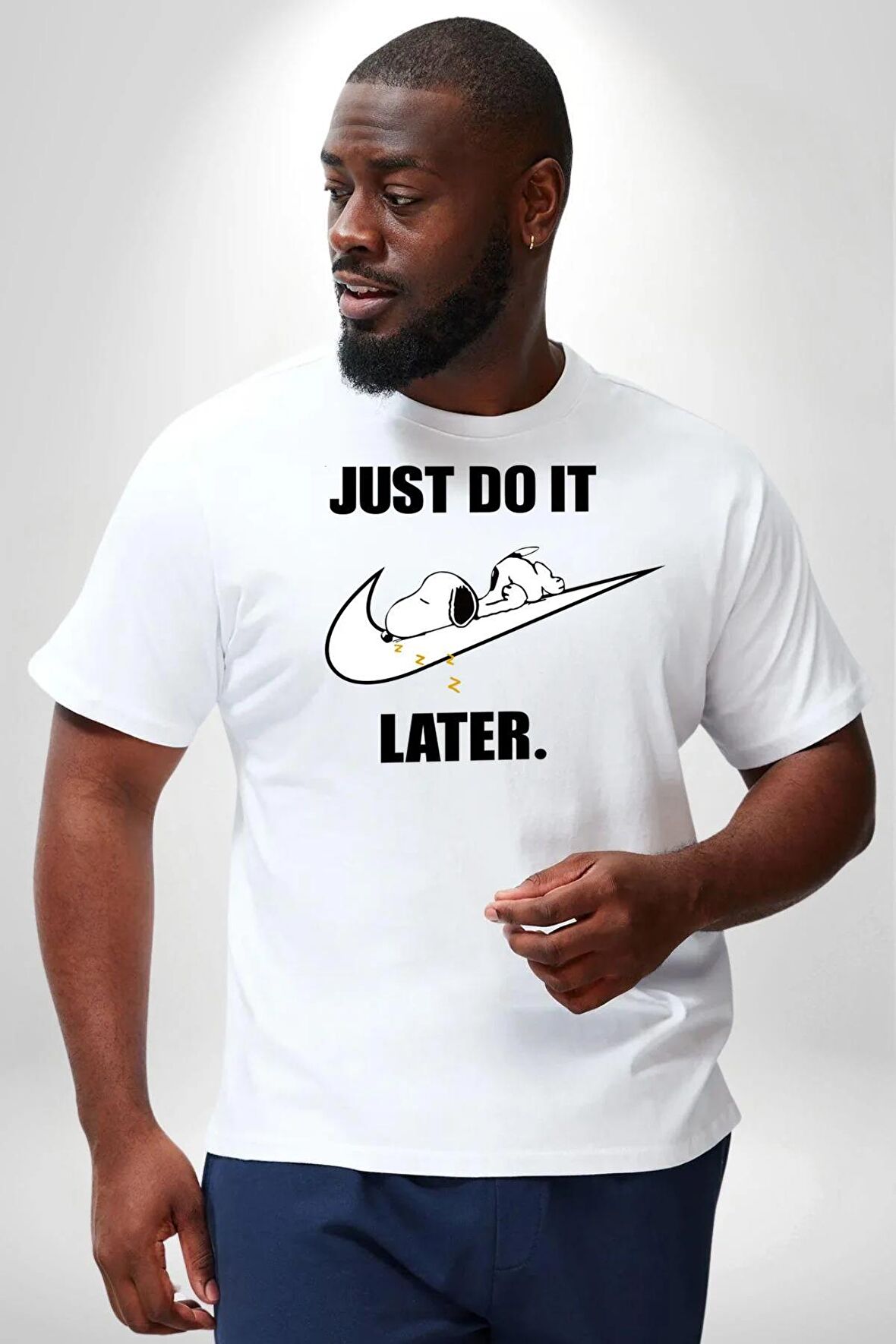 Snoopy Uyku Just Do İt Later Beyaz Büyük Beden Kadın Erkek Ünisex  Basic Ön Baskılı Tişört