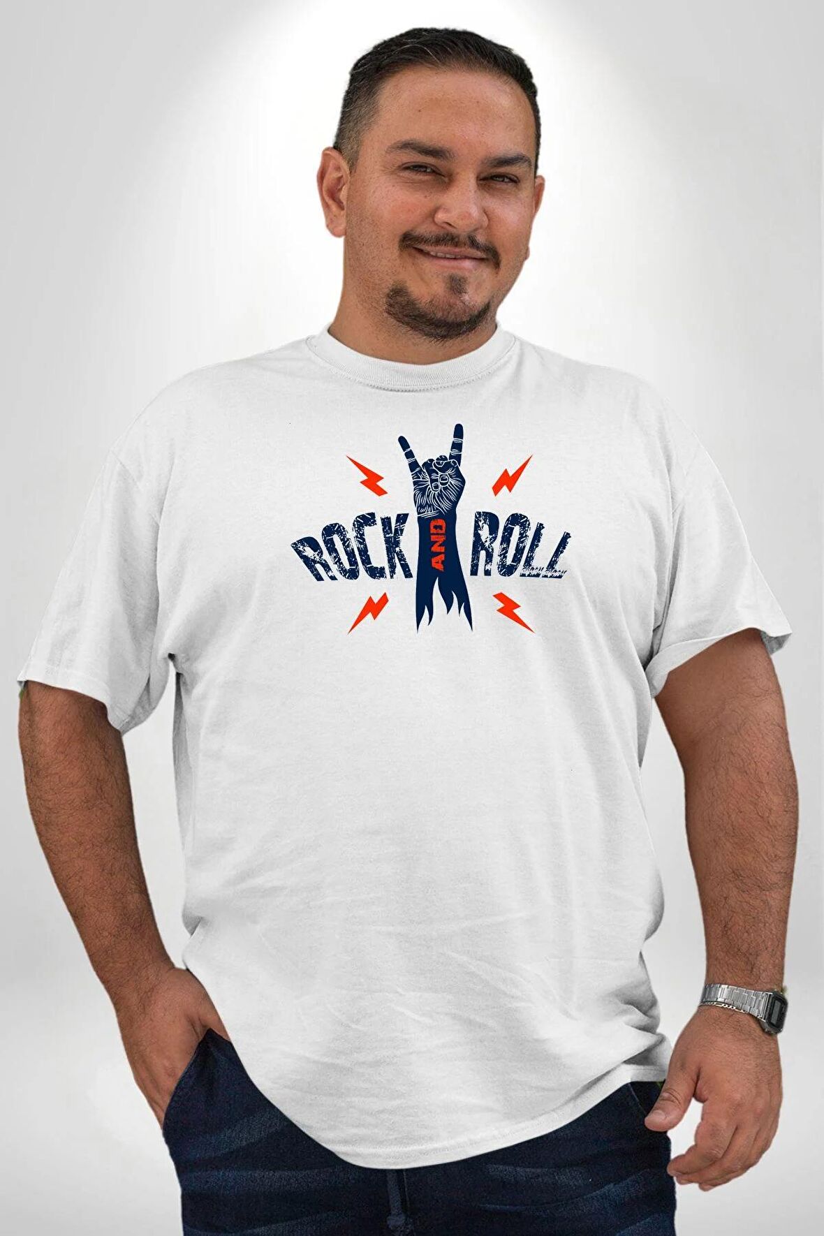 Rock And Roll Rock El İşareti Beyaz Büyük Beden Kadın Erkek Ünisex  Basic Ön Baskılı Tişört